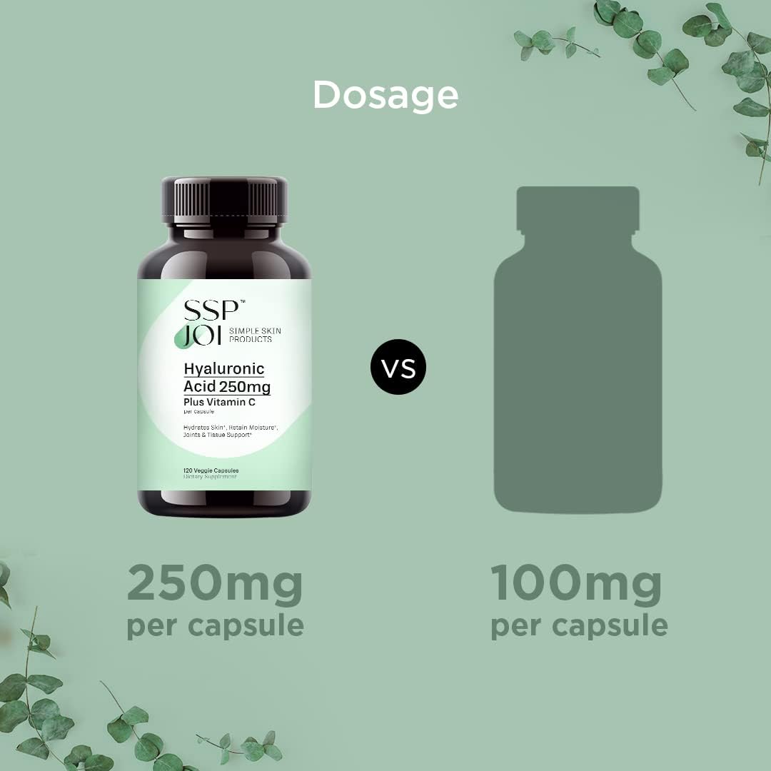 120 Veggie Capsules of sspjoi Hyaluronic Acid 250mg and 50mg Vitamin C - Promotes Skin Hydration and Joint Lubrication for Youthful Skin