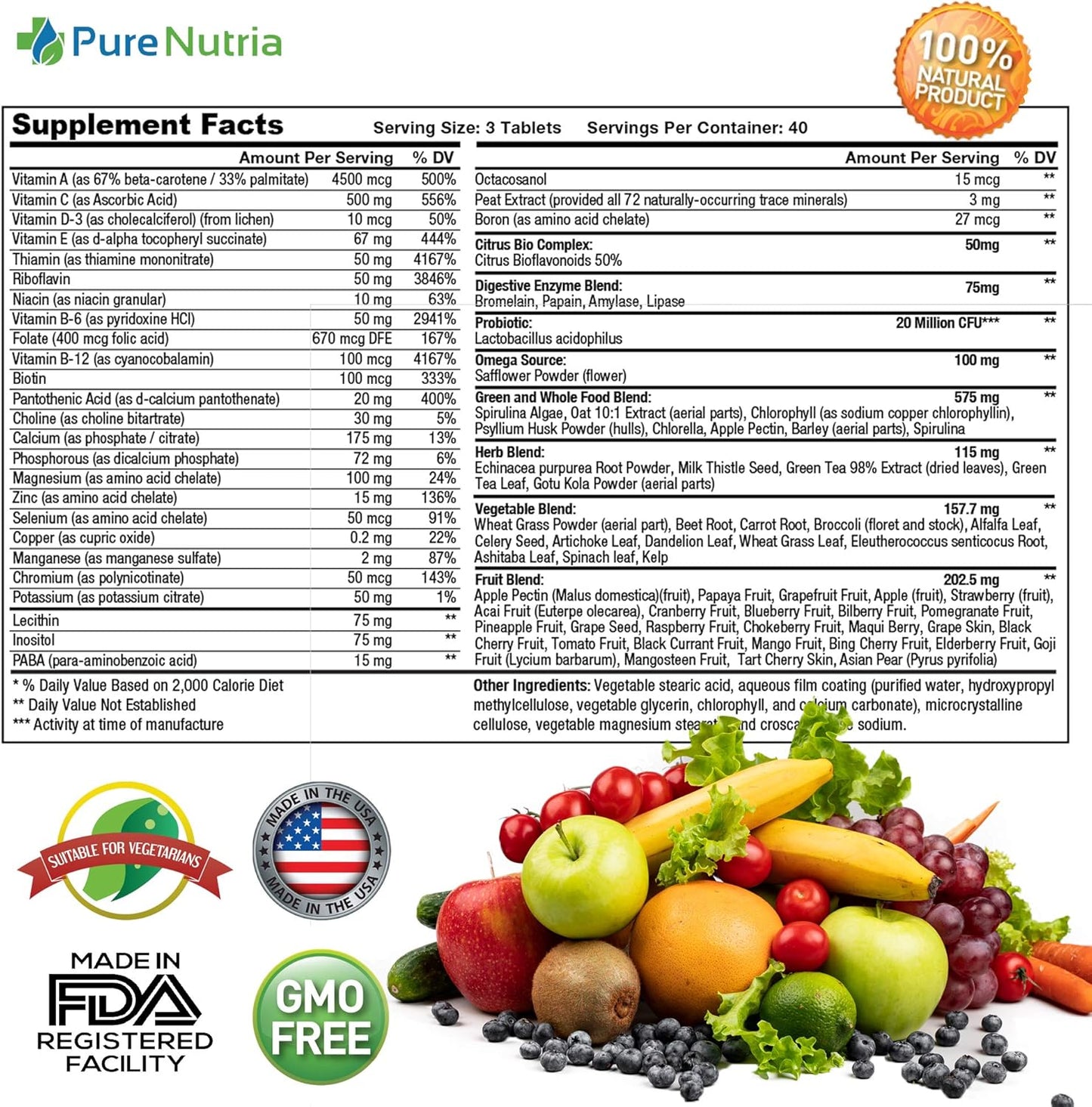 120 Whole Food Multivitamins with Probiotic Enzymes for Men and Women - Rich in WholeFood and Herbal Ingredients - Supports Digestive Health with Powerful Antioxidants