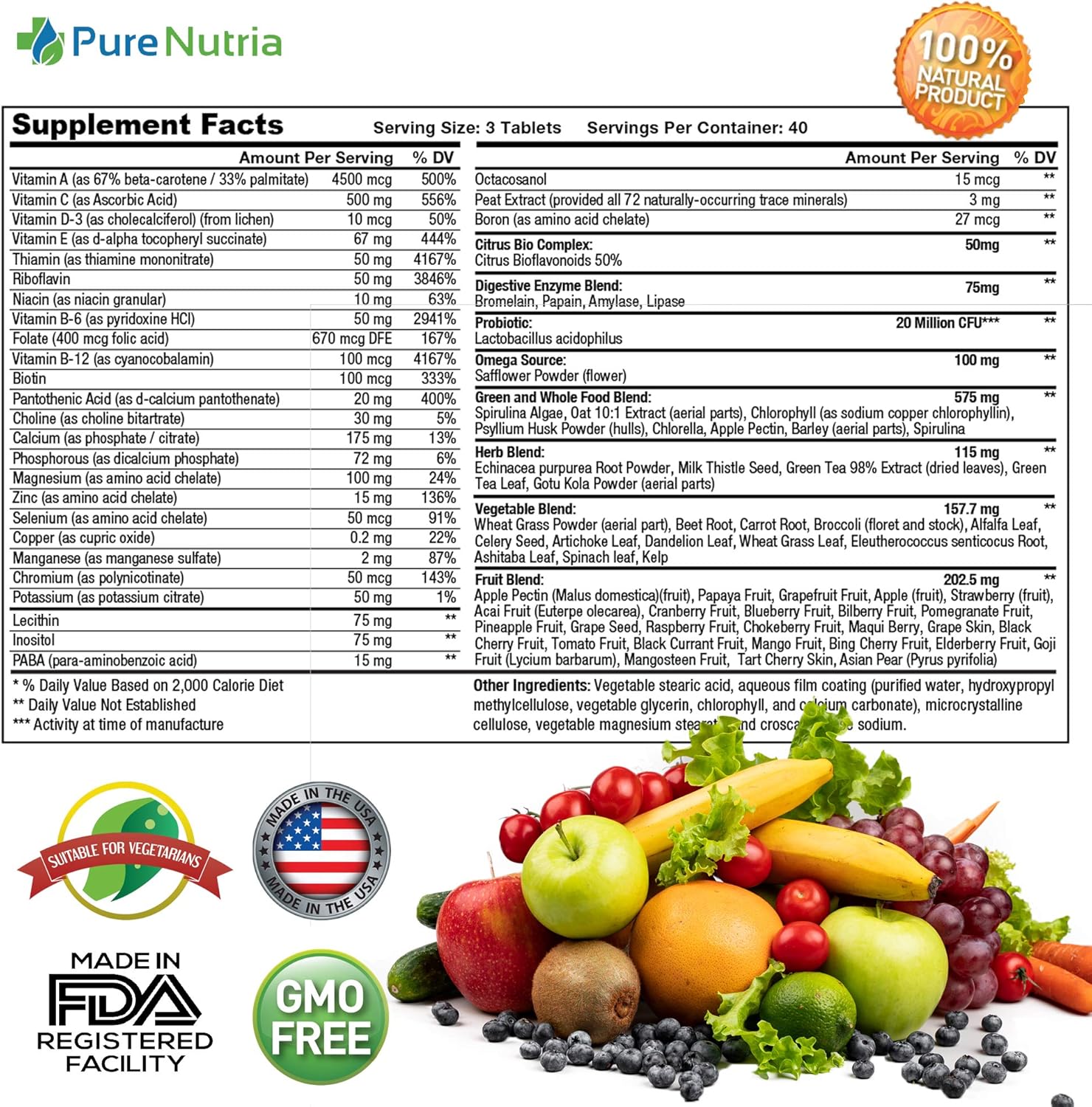 120 Whole Food Multivitamins with Probiotic Enzymes for Men and Women - Rich in WholeFood and Herbal Ingredients - Supports Digestive Health with Powerful Antioxidants