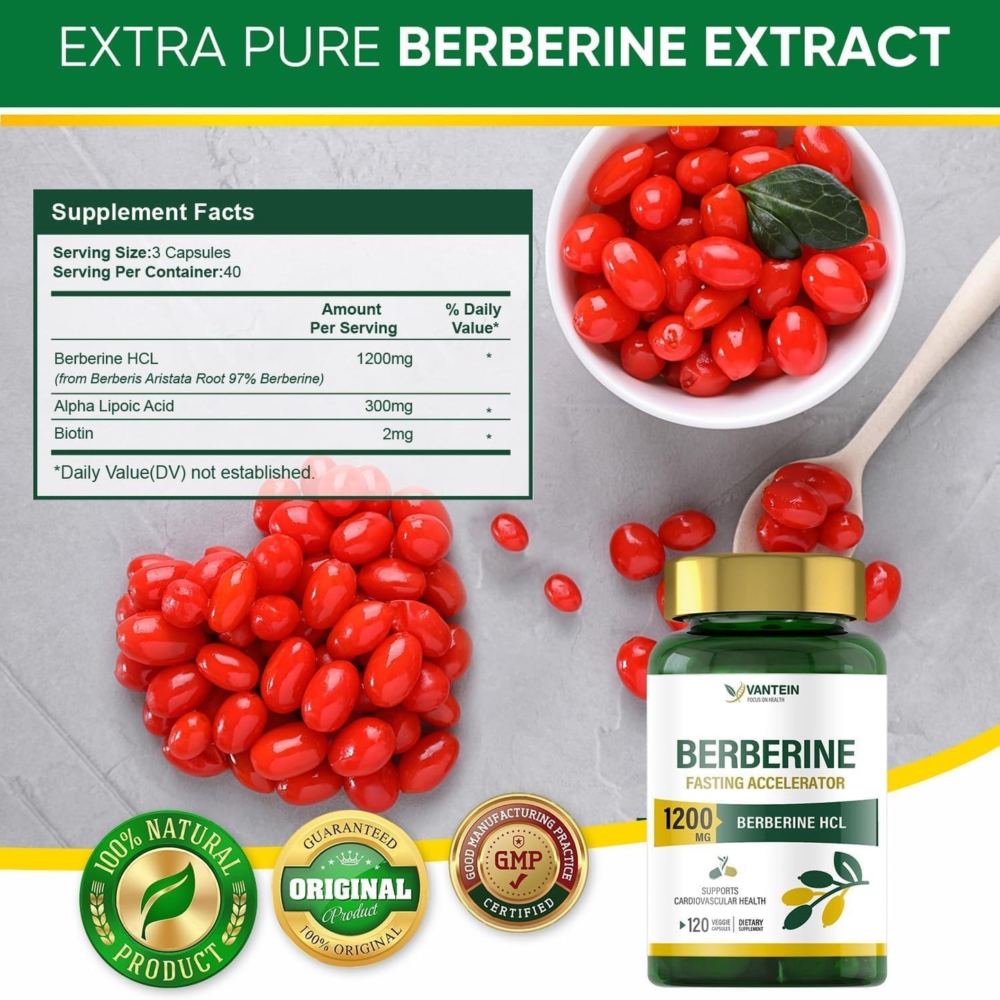 1200 MG Berberine Supplement with Alpha Lipoic Acid for Enhanced Absorption - 120 Capsules for Lipid Metabolism and Immune Support in Men & Women - 40-Day Supply