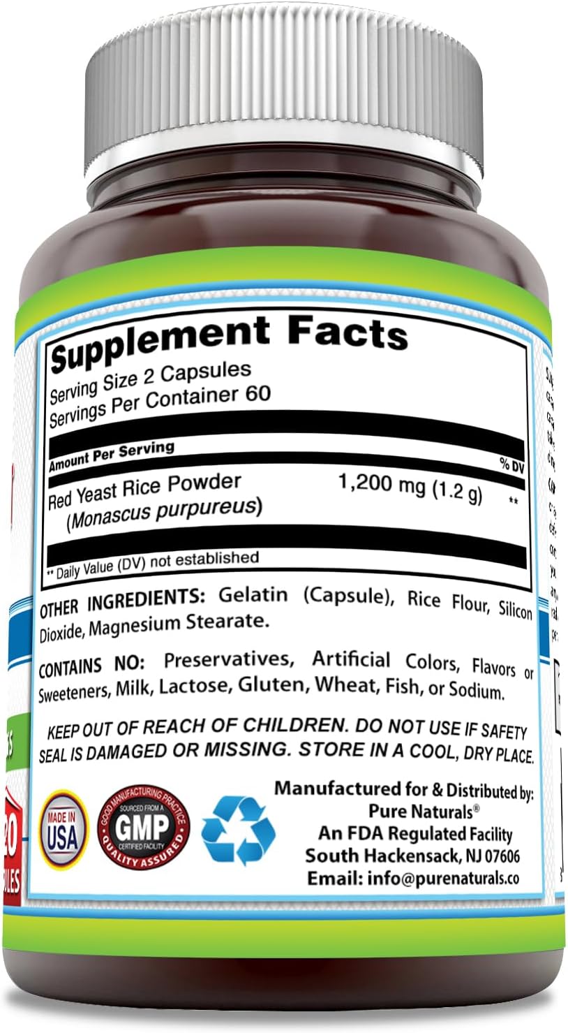 1200 Mg Red Yeast Rice Supplement - 120 Capsules | Pure Naturals | Non-GMO & Gluten Free | Made in USA