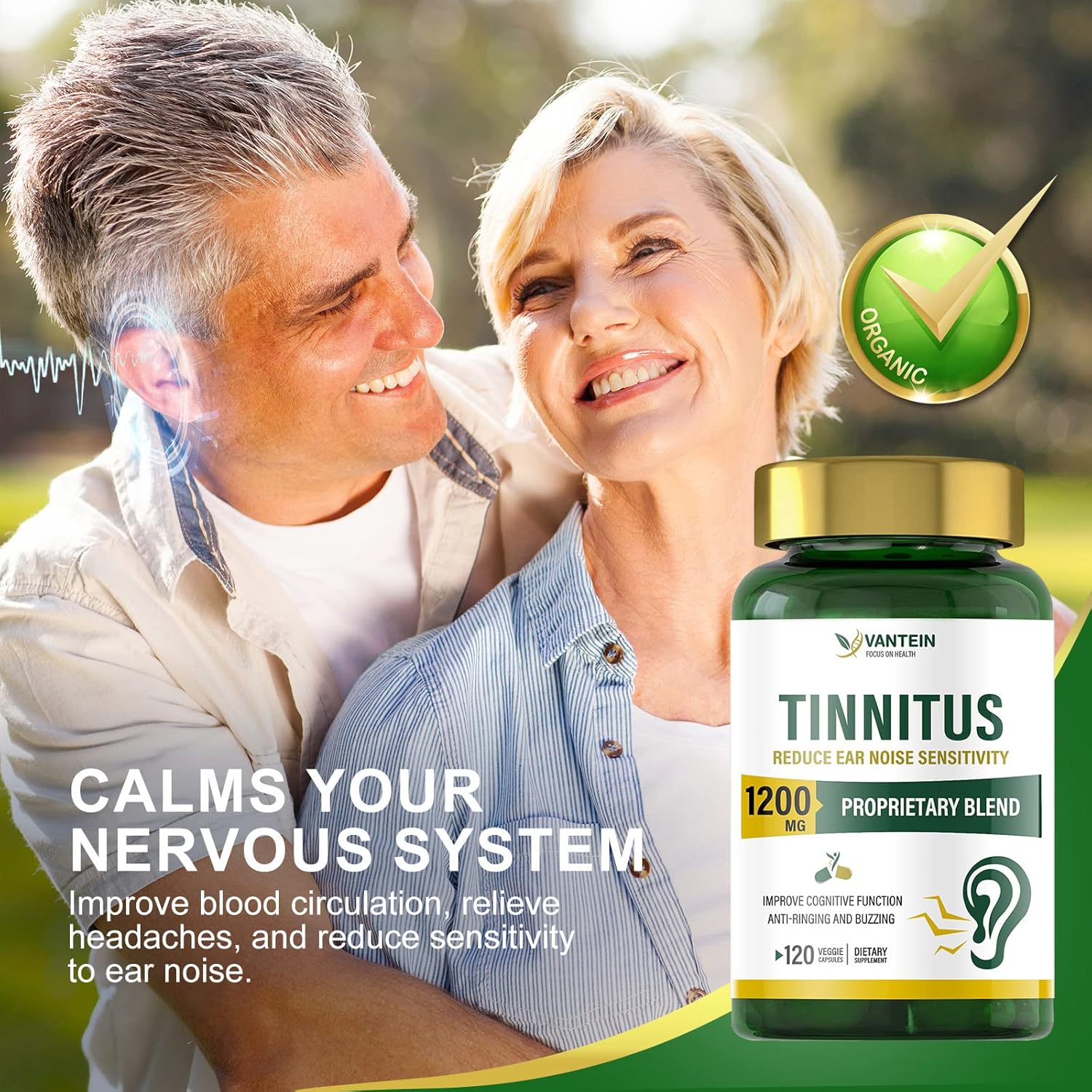 1200 MG Tinnitus Relief Capsules - 120 Count for Ear Health | Supports Hearing & Pain Relief | Vitamins for Men & Women | 60-Day Supply