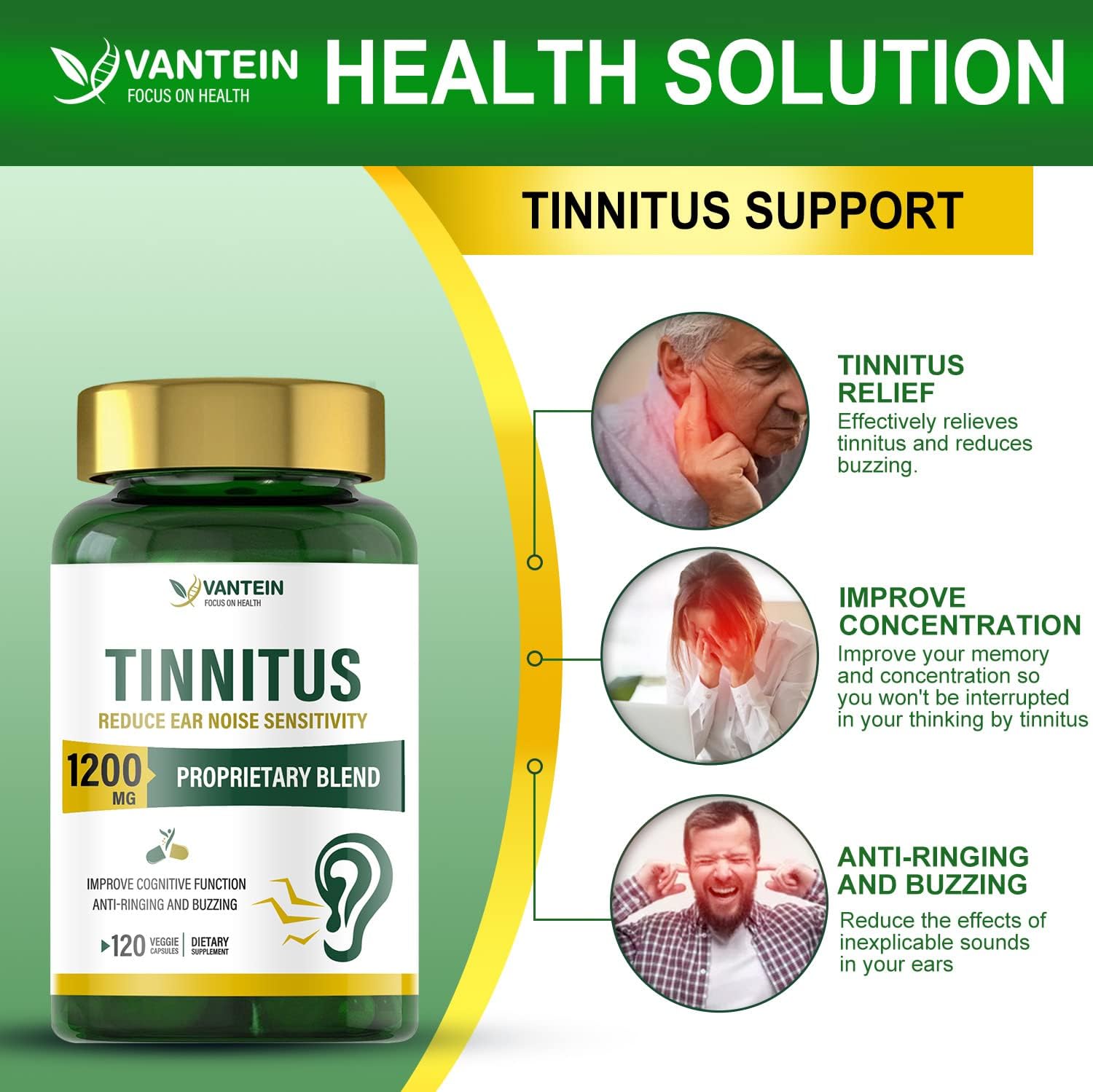 1200 MG Tinnitus Relief Capsules - 120 Count for Ear Health | Supports Hearing & Pain Relief | Vitamins for Men & Women | 60-Day Supply