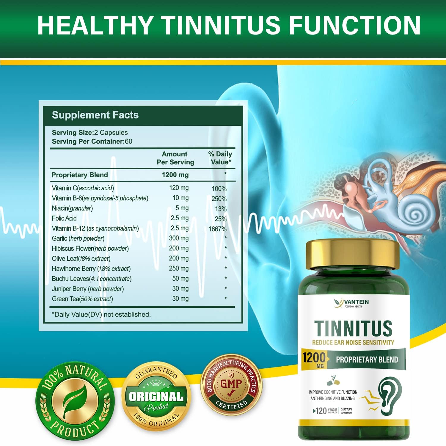 1200 MG Tinnitus Relief Capsules - 120 Count for Ear Health | Supports Hearing & Pain Relief | Vitamins for Men & Women | 60-Day Supply