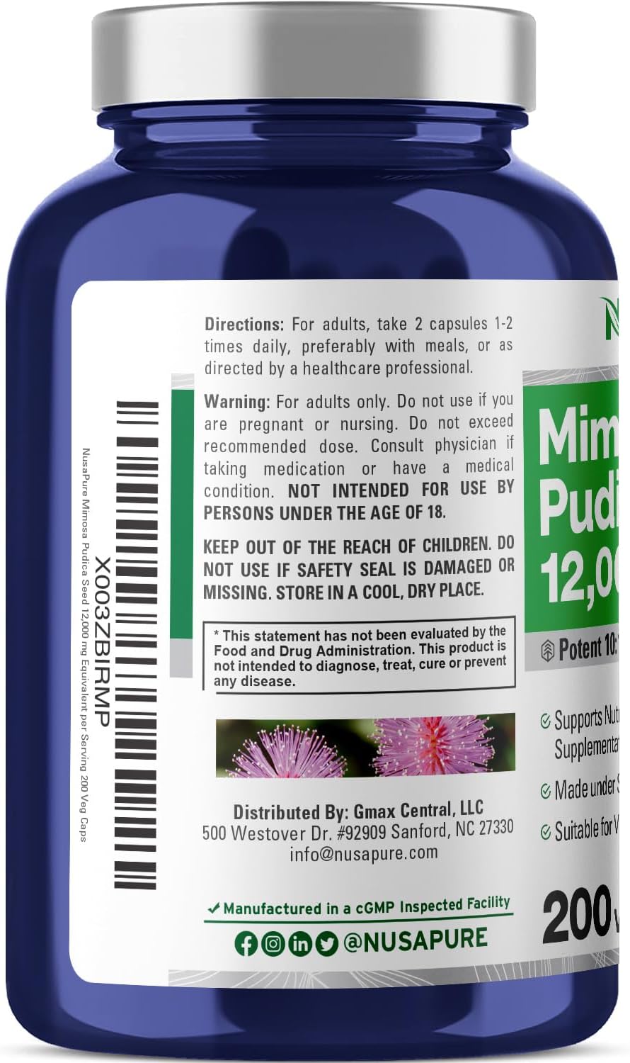 12,000 mg Mimosa Pudica Seed Extract Capsules - 200 Vegan Capsules, Non-GMO & Gluten Free