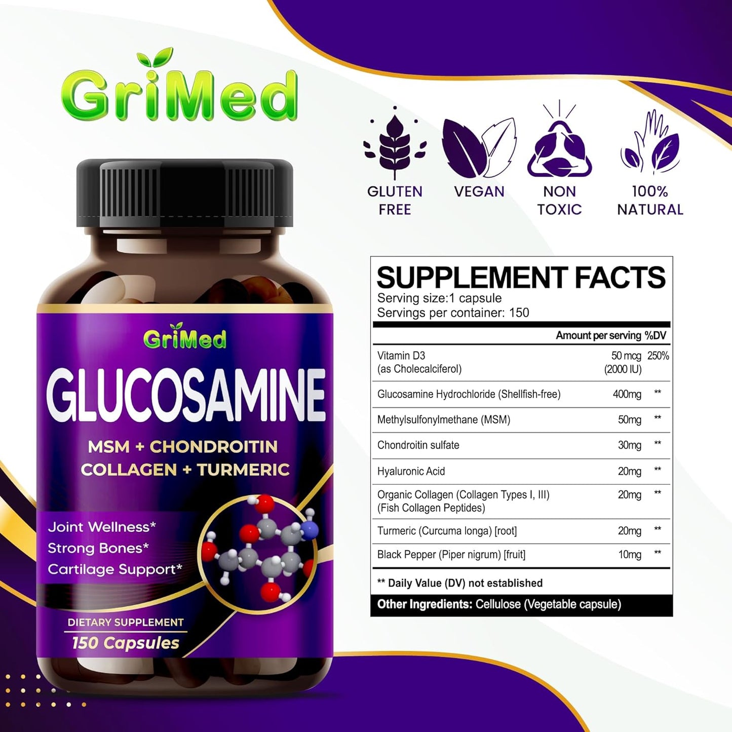 12,000mg Glucosamine Supplement with MSM, Chondroitin, Collagen, Turmeric - Joint Wellness and Bone Support - Made in USA