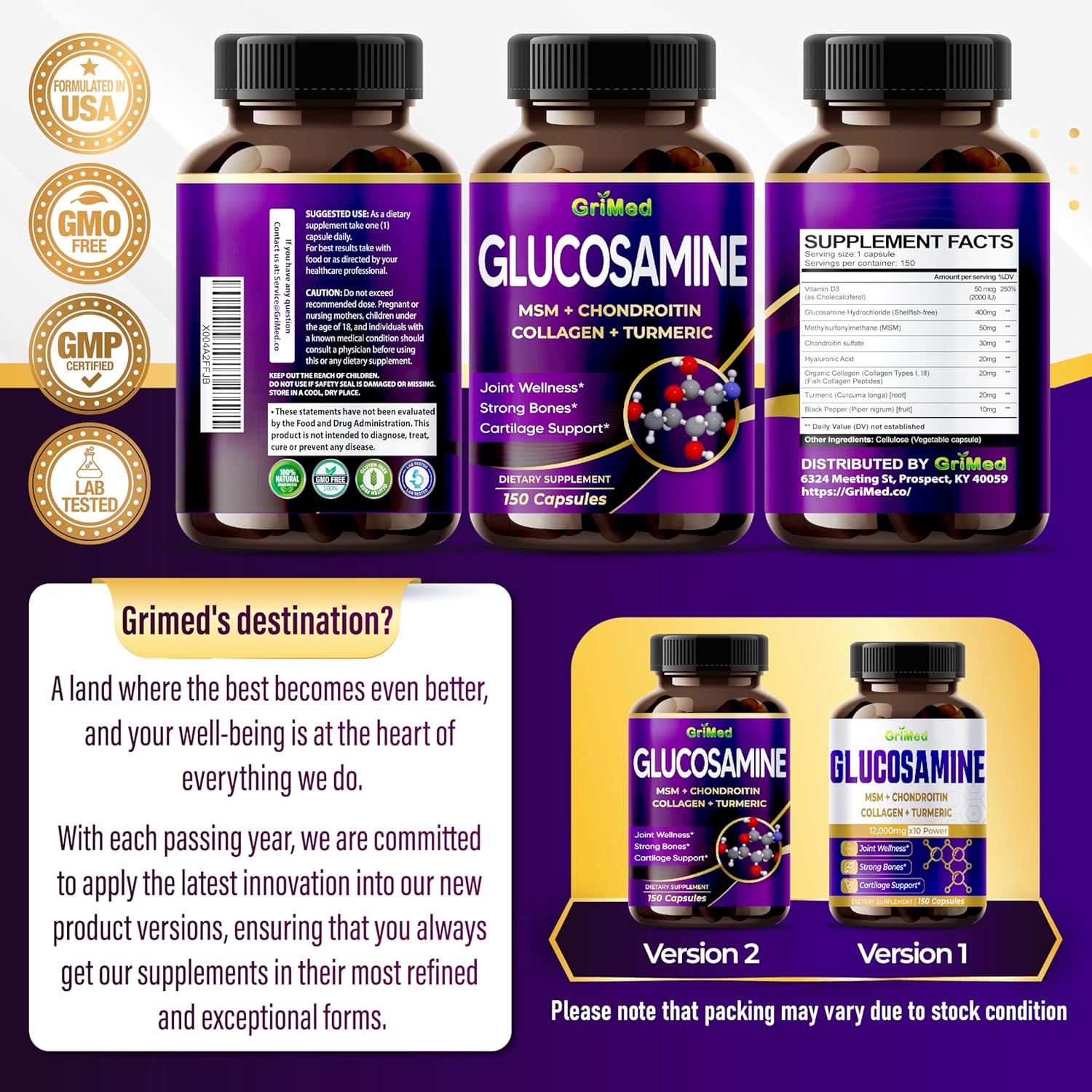 12,000mg Glucosamine Supplement with MSM, Chondroitin, Collagen, Turmeric - Joint Wellness and Bone Support - Made in USA