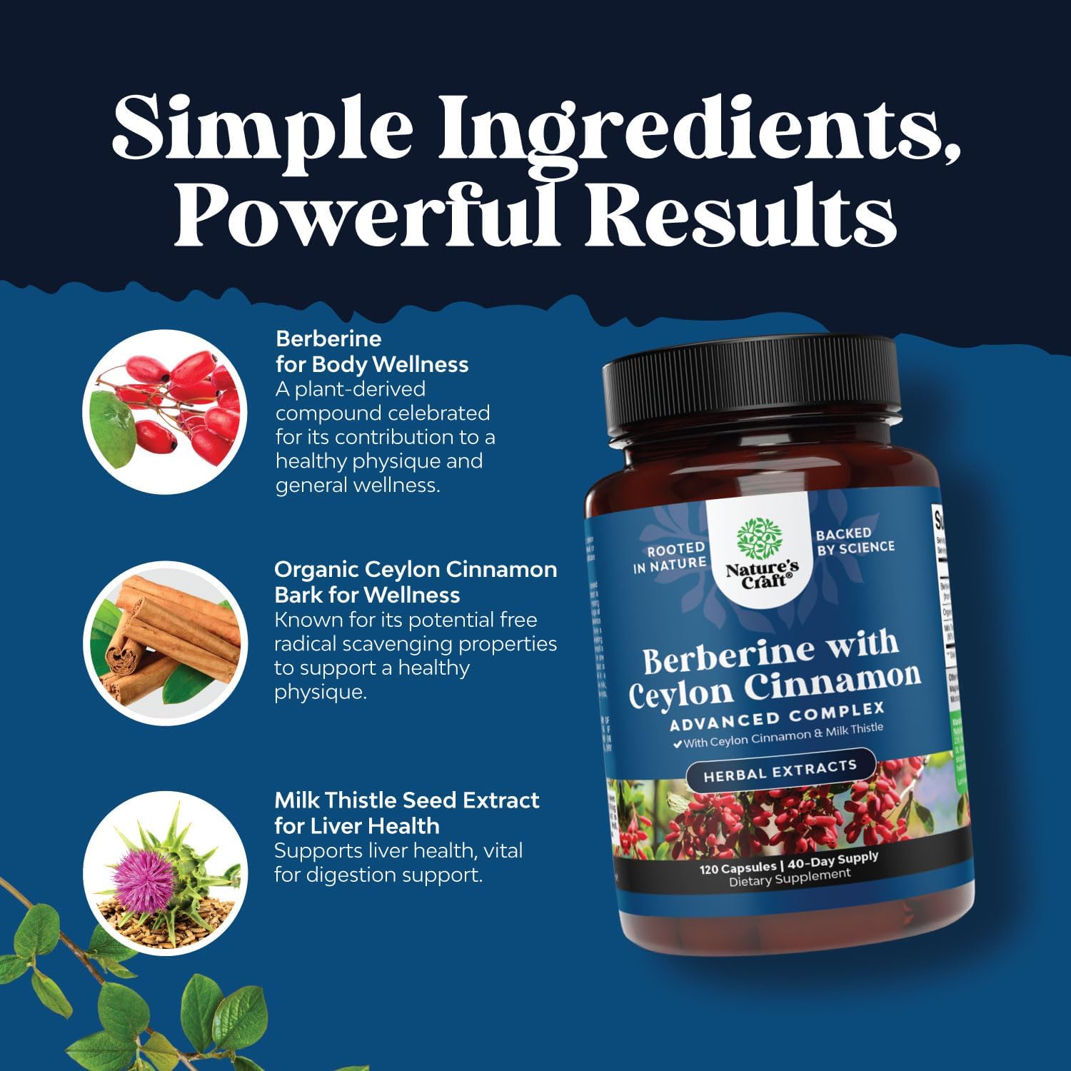 1200mg Berberine Plus Complex with Ceylon Cinnamon and Milk Thistle - Heart Health and Sugar Support - 120 Capsules