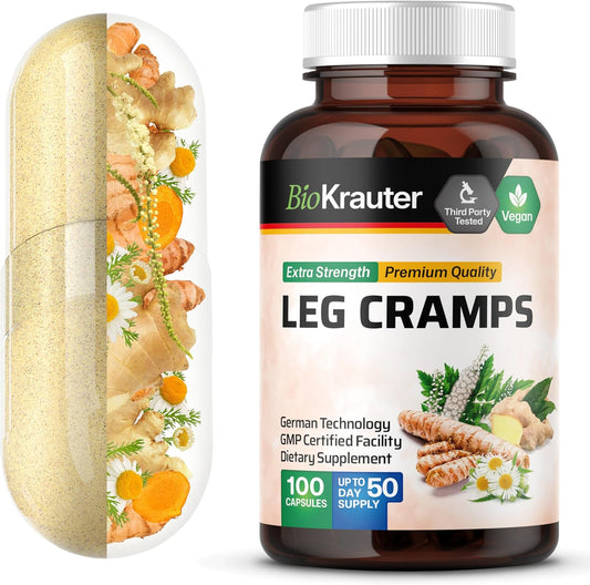 1200mg Bio Kräuter Leg Cramps Capsules with Magnesium - Vegan Caps with Turmeric & Ginger - Natural Formula Without Quinine - 100 Count