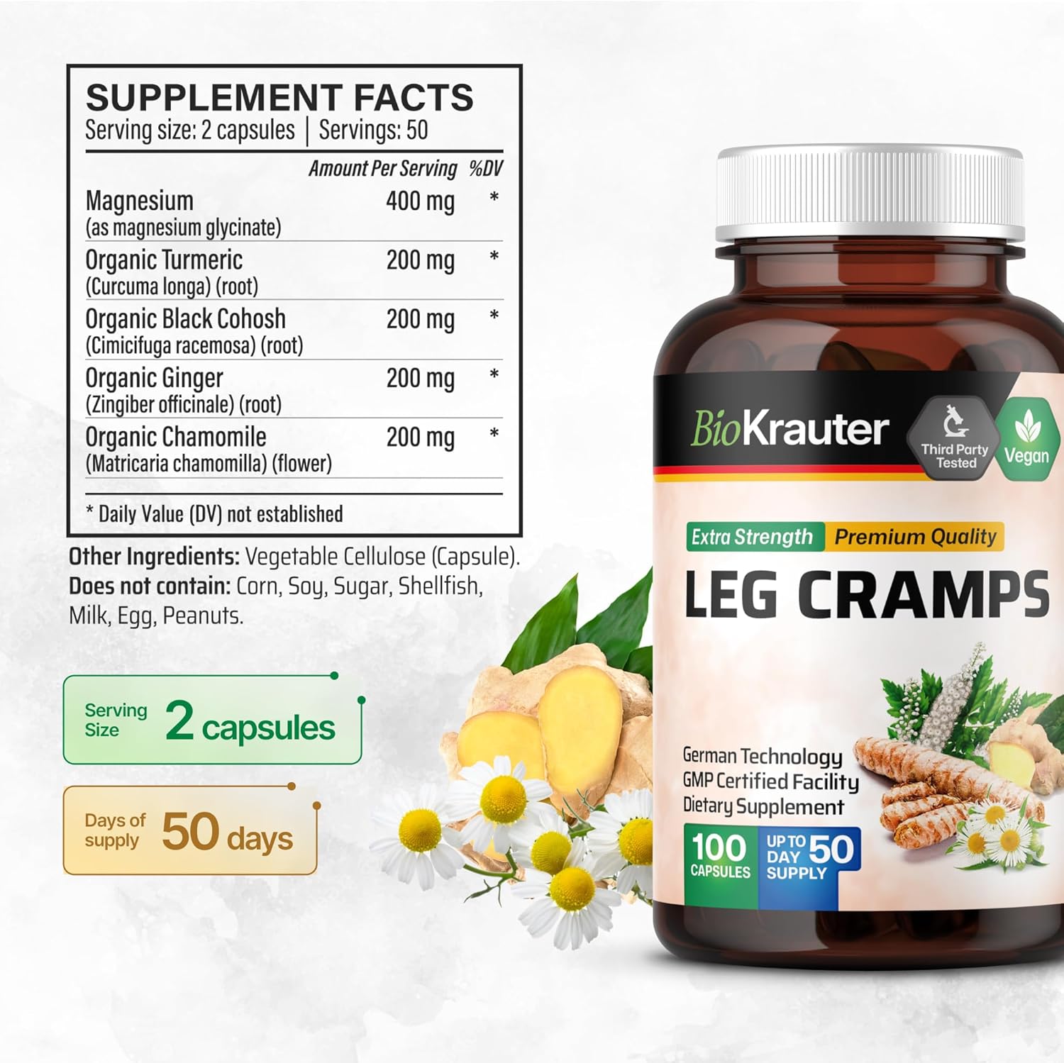 1200mg Bio Kräuter Leg Cramps Capsules with Magnesium - Vegan Caps with Turmeric & Ginger - Natural Formula Without Quinine - 100 Count