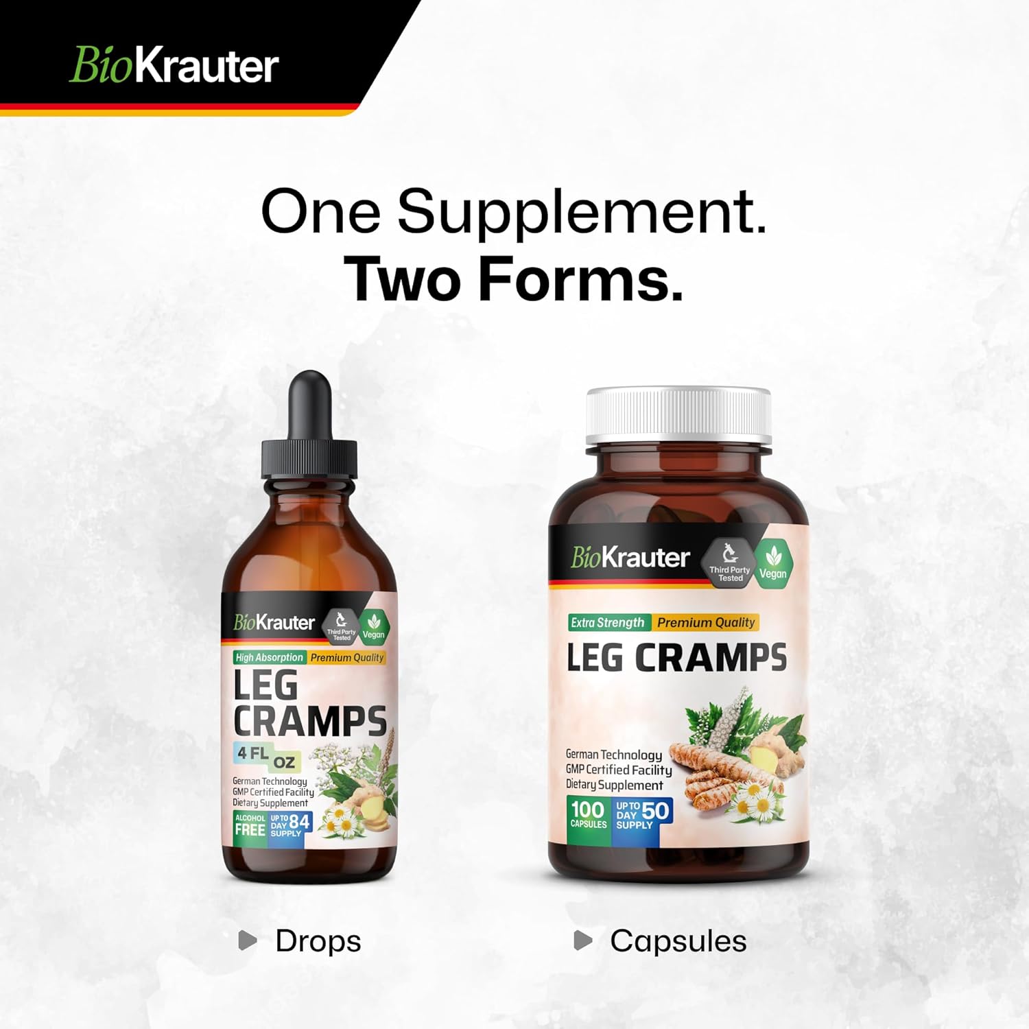 1200mg Bio Kräuter Leg Cramps Capsules with Magnesium - Vegan Caps with Turmeric & Ginger - Natural Formula Without Quinine - 100 Count