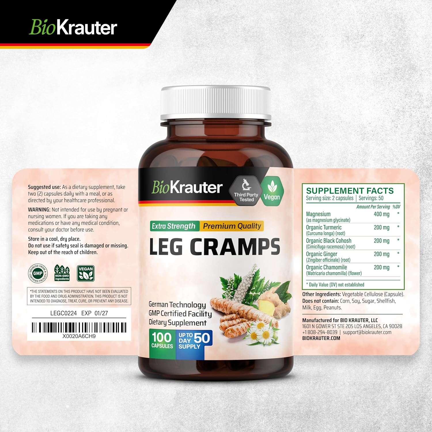 1200mg Bio Kräuter Leg Cramps Capsules with Magnesium - Vegan Caps with Turmeric & Ginger - Natural Formula Without Quinine - 100 Count