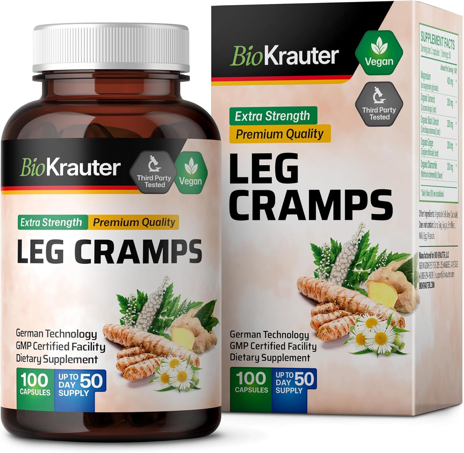 1200mg Bio Kräuter Leg Cramps Capsules with Magnesium - Vegan Caps with Turmeric & Ginger - Natural Formula Without Quinine - 100 Count