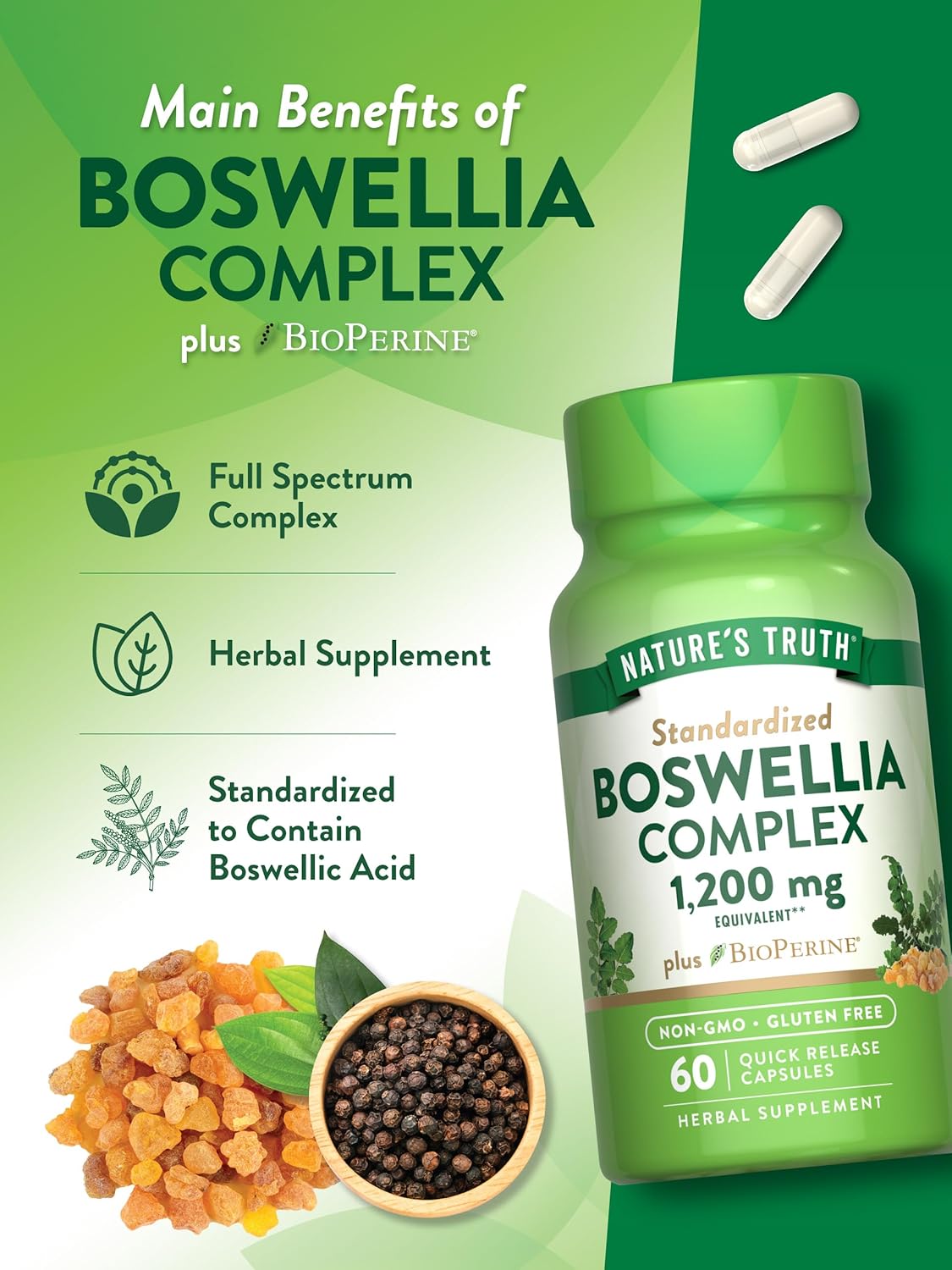 1200mg Boswellia Complex Capsules with BioPerine - Non-GMO & Gluten Free Supplement