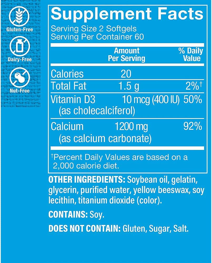 1200mg Calcium Carbonate Softgels with 400IU Vitamin D for Bone & Teeth Health - 100% Daily Value - 120 Count