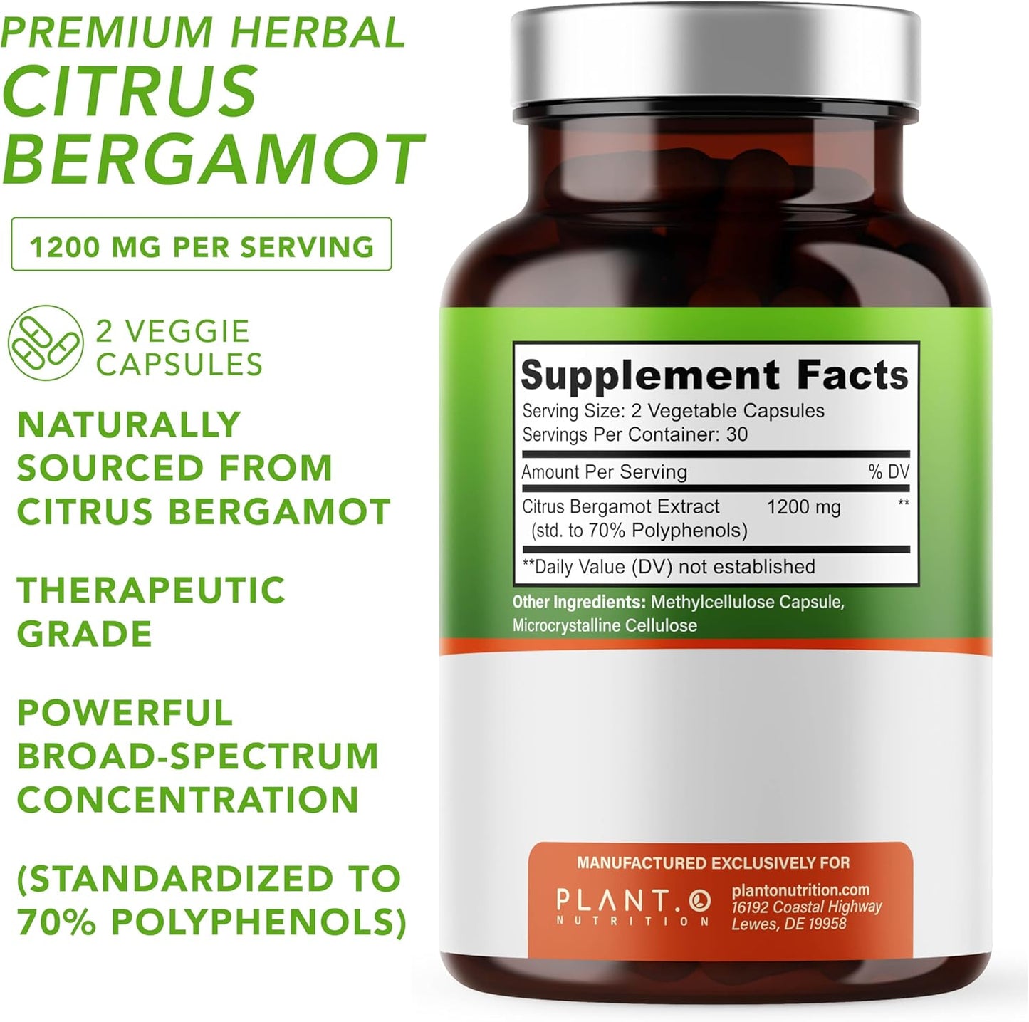 1200mg Citrus Bergamot Supplement with 70% Polyphenols - Pure Extract for Heart Health - 60 Capsules - Made in USA