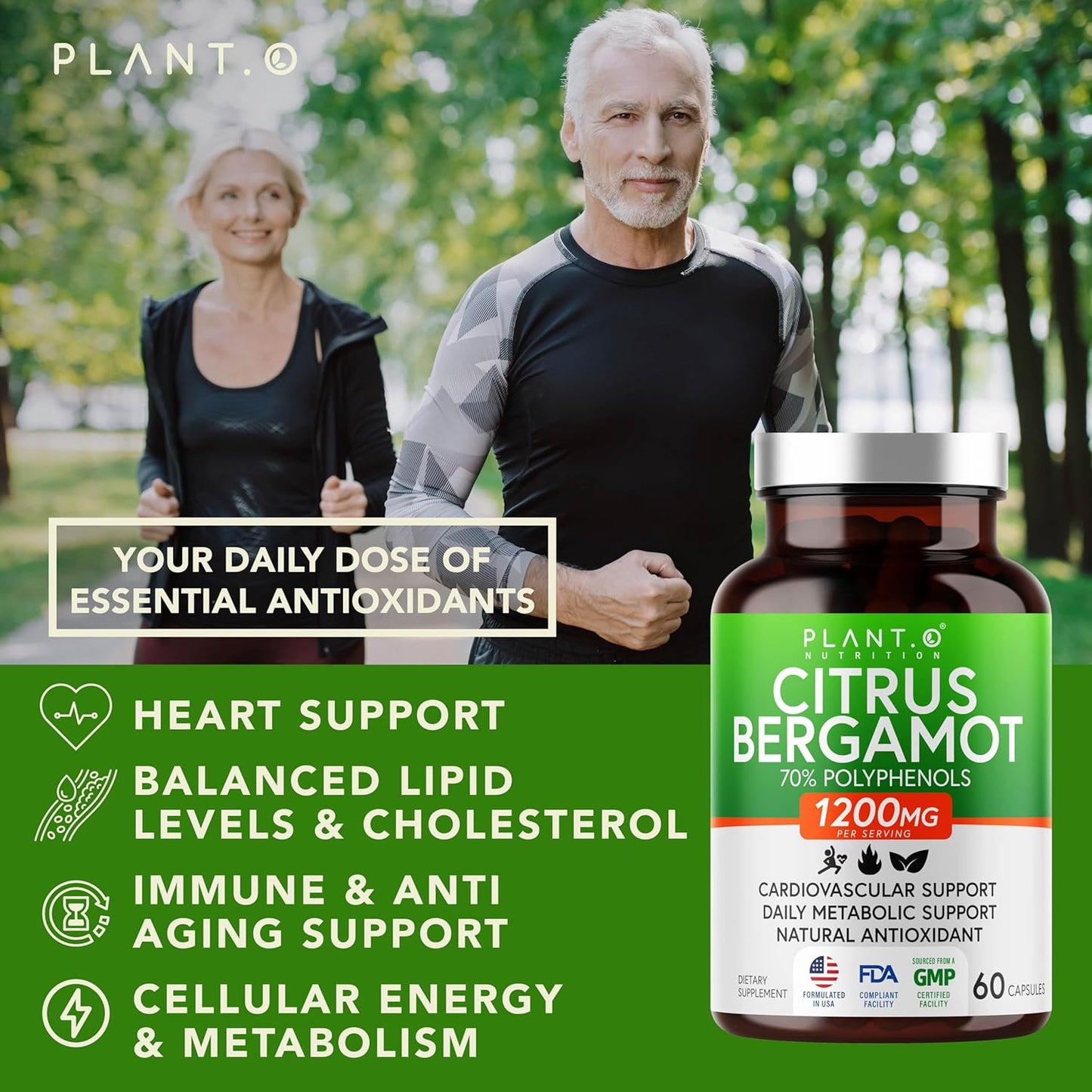 1200mg Citrus Bergamot Supplement with 70% Polyphenols - Pure Extract for Heart Health - 60 Capsules - Made in USA