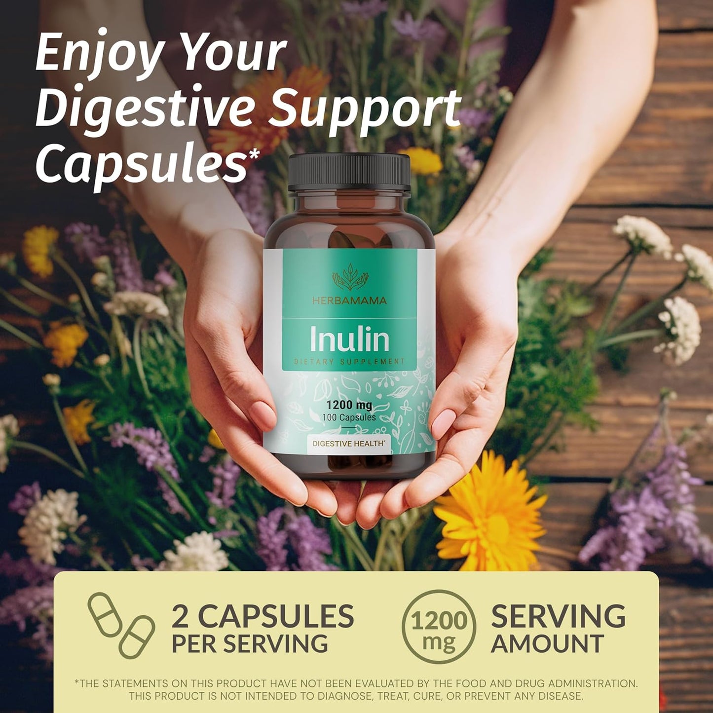 1200mg HERBAMAMA Inulin Powder Capsules for Digestive Support & Gut Cleanse - Vegan Non-GMO Chicory Root Supplement