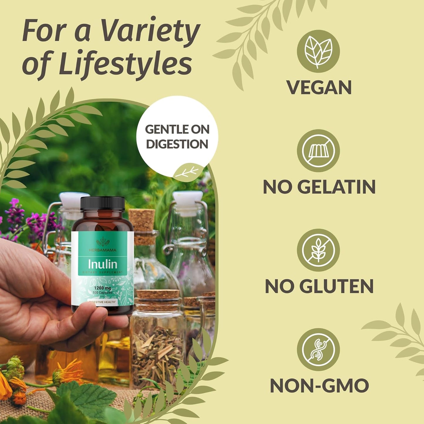 1200mg HERBAMAMA Inulin Powder Capsules for Digestive Support & Gut Cleanse - Vegan Non-GMO Chicory Root Supplement