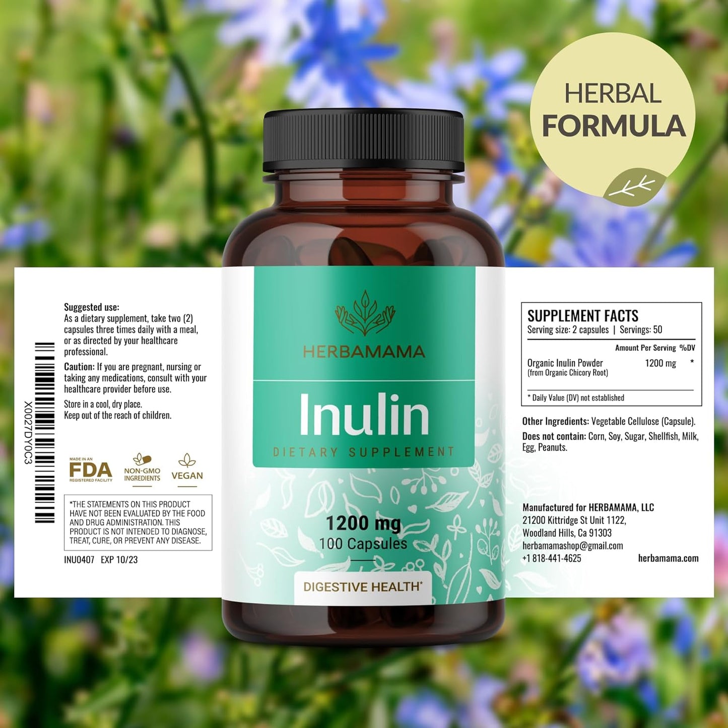 1200mg HERBAMAMA Inulin Powder Capsules for Digestive Support & Gut Cleanse - Vegan Non-GMO Chicory Root Supplement