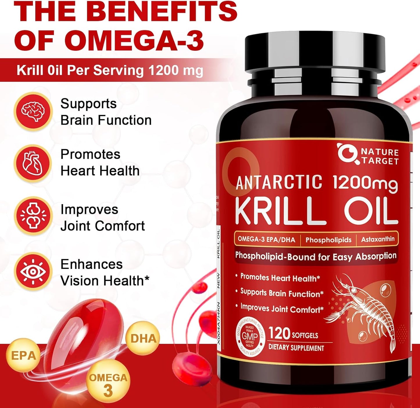 1200mg Krill Oil Softgels with Omega-3 EPA & DHA, Astaxanthin, Phospholipids & Choline - Heart, Brain, Joint Support - Non-GMO, Gluten Free - 120 Softgels