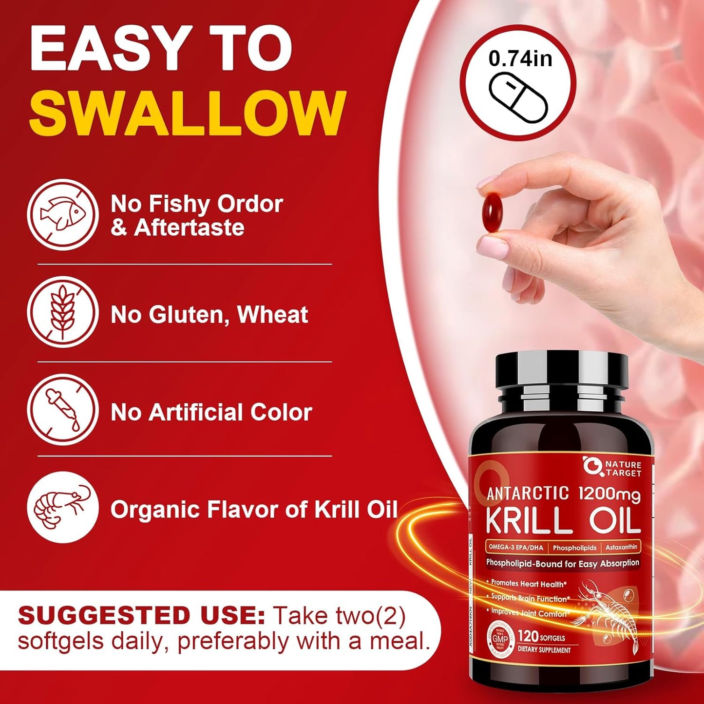 1200mg Krill Oil Softgels with Omega-3 EPA & DHA, Astaxanthin, Phospholipids & Choline - Heart, Brain, Joint Support - Non-GMO, Gluten Free - 120 Softgels