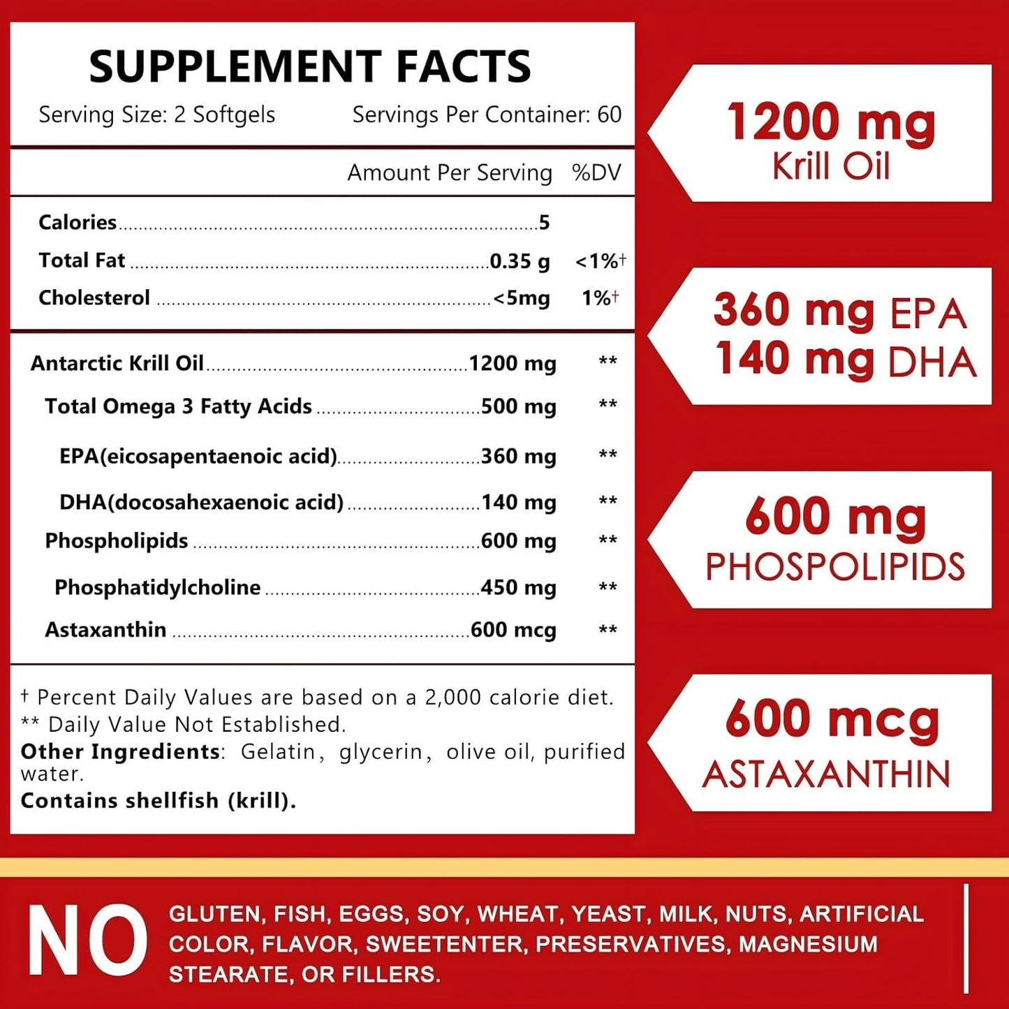 1200mg Krill Oil Softgels with Omega-3 EPA & DHA, Astaxanthin, Phospholipids & Choline - Heart, Brain, Joint Support - Non-GMO, Gluten Free - 120 Softgels