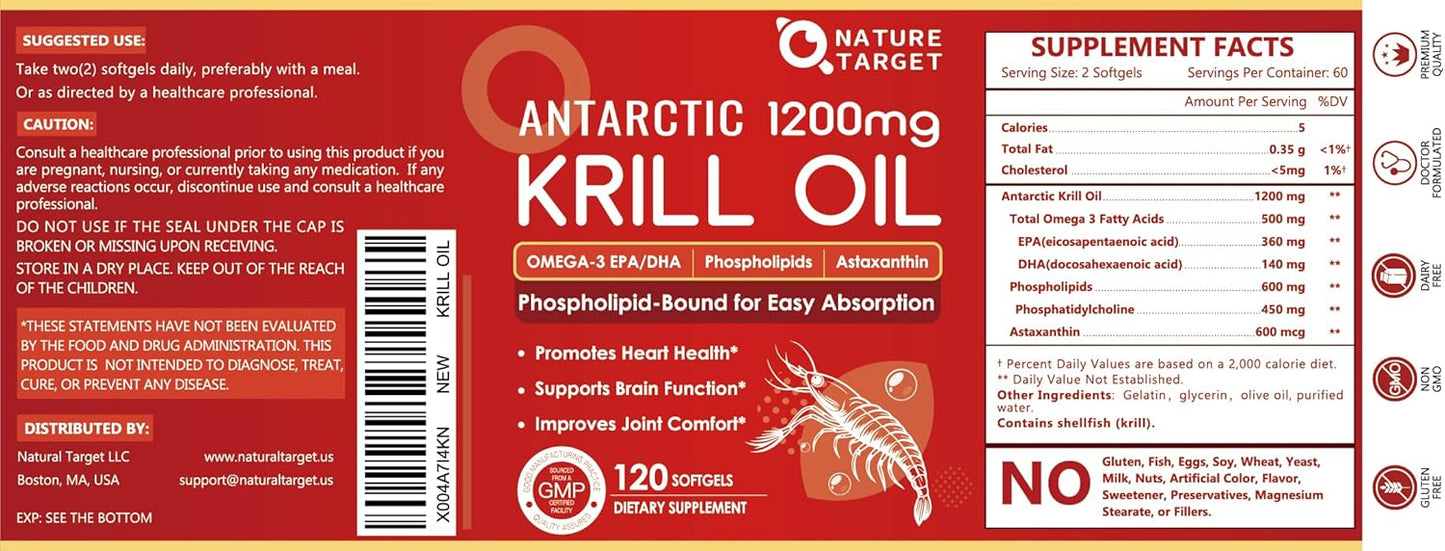 1200mg Krill Oil Softgels with Omega-3 EPA & DHA, Astaxanthin, Phospholipids & Choline - Heart, Brain, Joint Support - Non-GMO, Gluten Free - 120 Softgels
