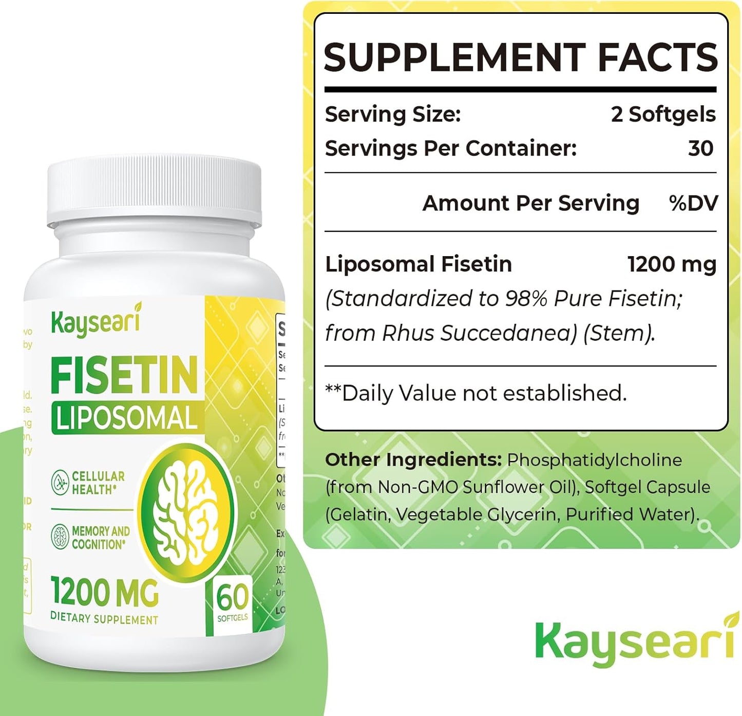 1200mg Liposomal Fisetin Supplements - High Purity Antioxidants for Immunity, Cognitive Support - Non-GMO - 60 Capsules