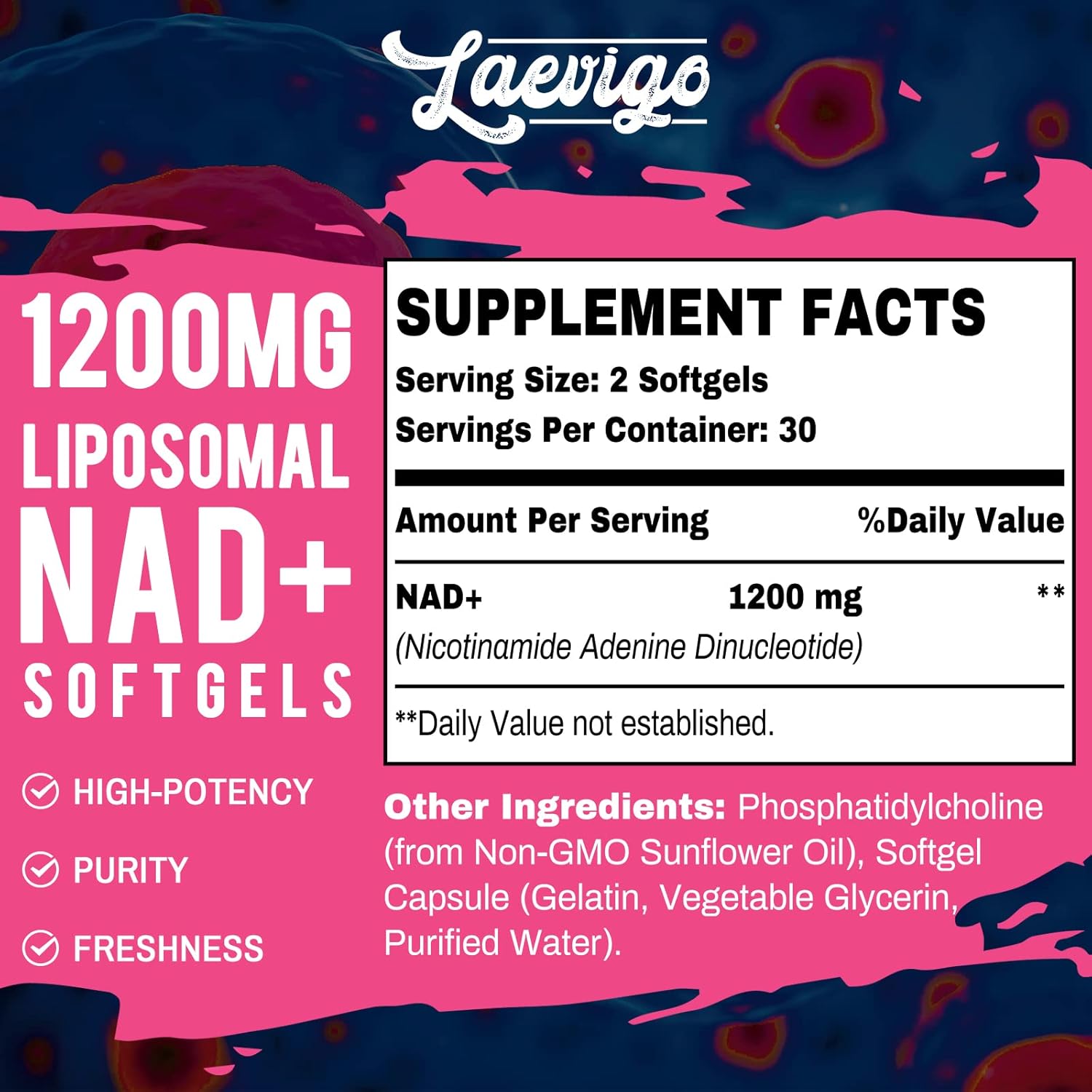 1200mg Liposomal NAD+ Supplement for Enhanced Absorption and Energy Support - 60 Softgels