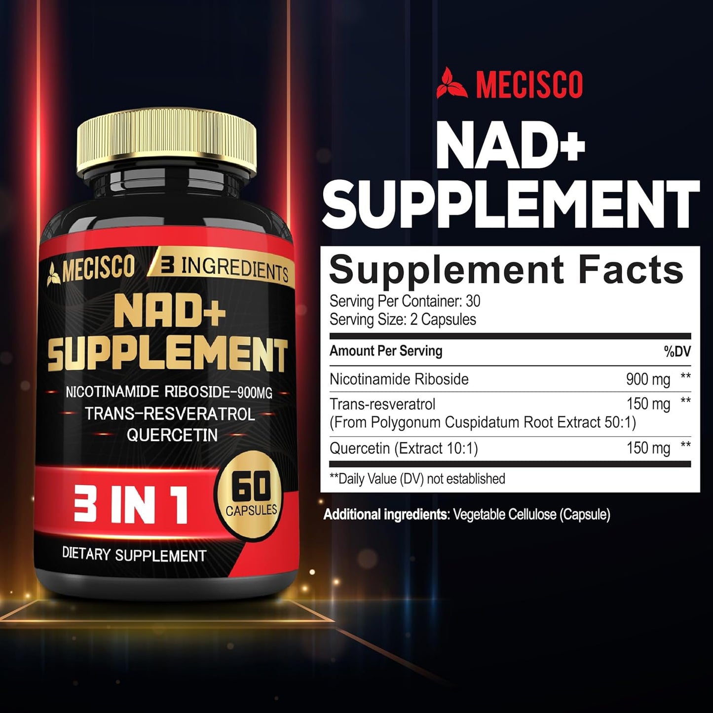 1200mg Mecisco NAD+ Supplement with Trans Resveratrol & Quercetin - Cellular, Immune, Aging Support - 60 Capsules