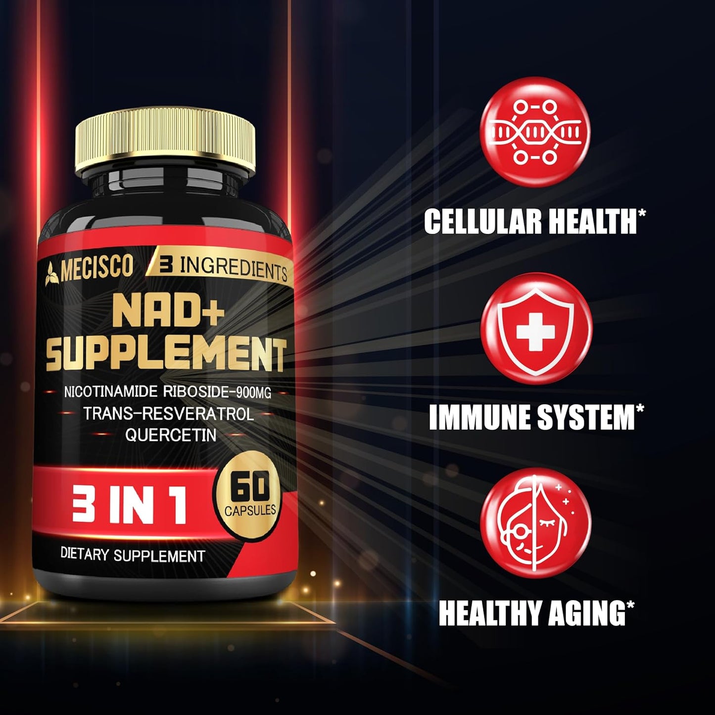 1200mg Mecisco NAD+ Supplement with Trans Resveratrol & Quercetin - Cellular, Immune, Aging Support - 60 Capsules