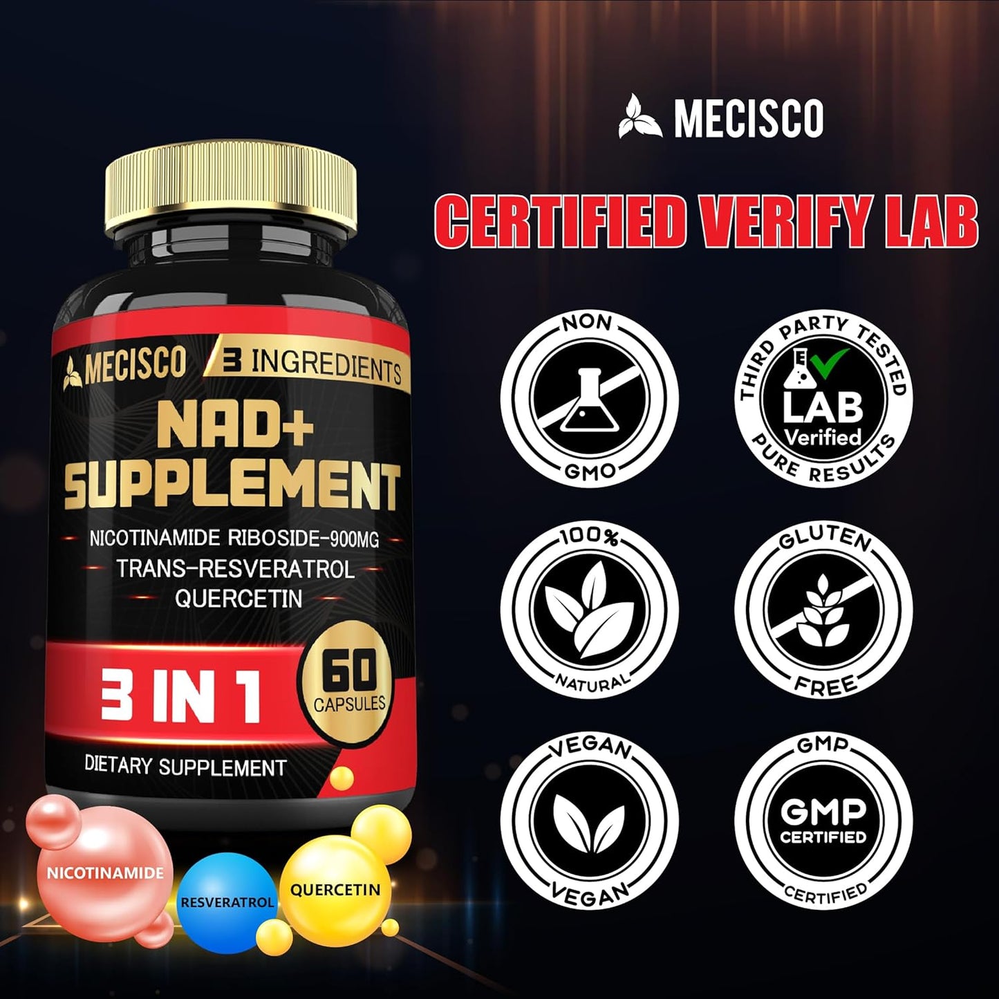 1200mg Mecisco NAD+ Supplement with Trans Resveratrol & Quercetin - Cellular, Immune, Aging Support - 60 Capsules