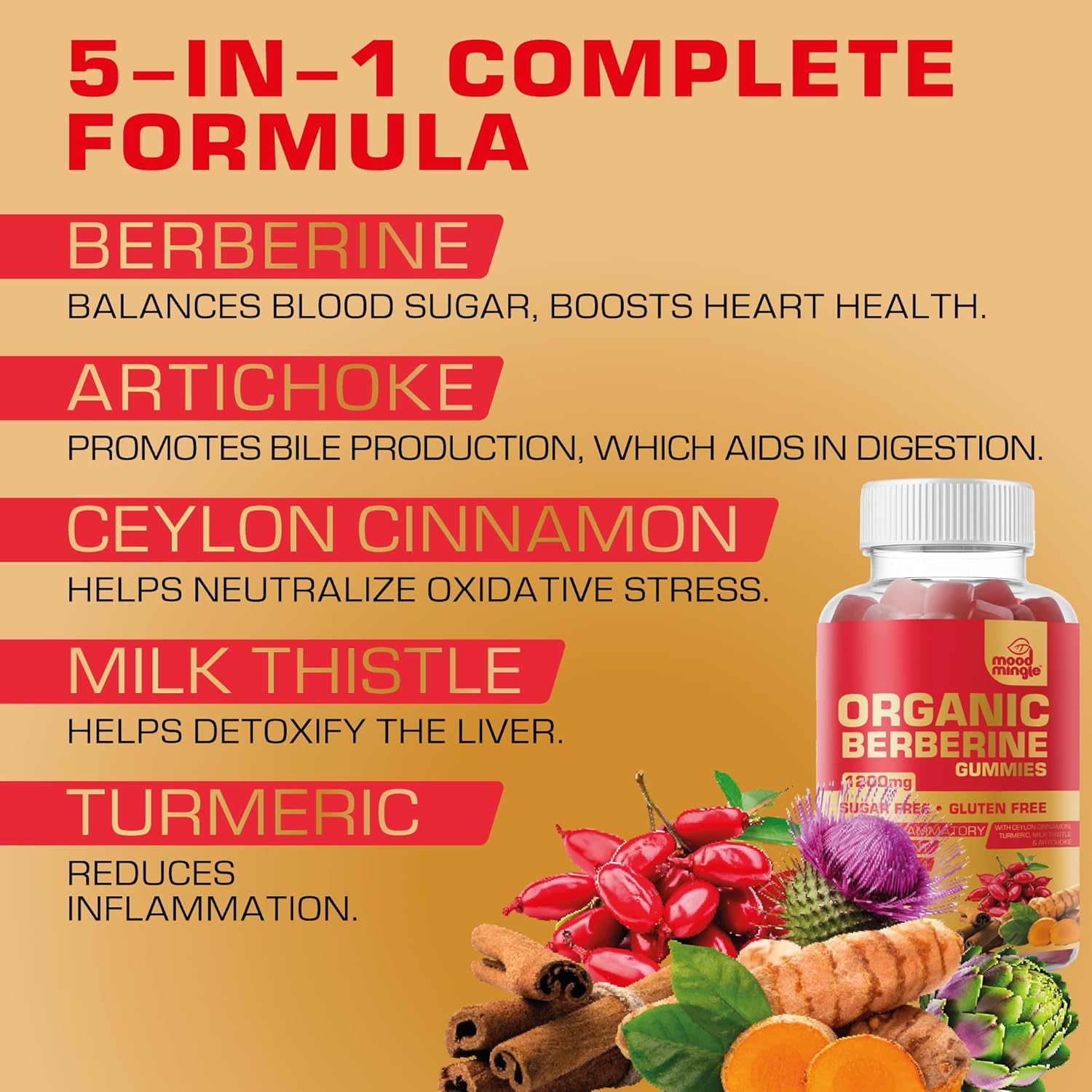 1200mg Mood Mingle Berberine Gummies with Ceylon Cinnamon, Turmeric, Milk Thistle & Artichoke - Sugar & Gluten Free - GMP Quality