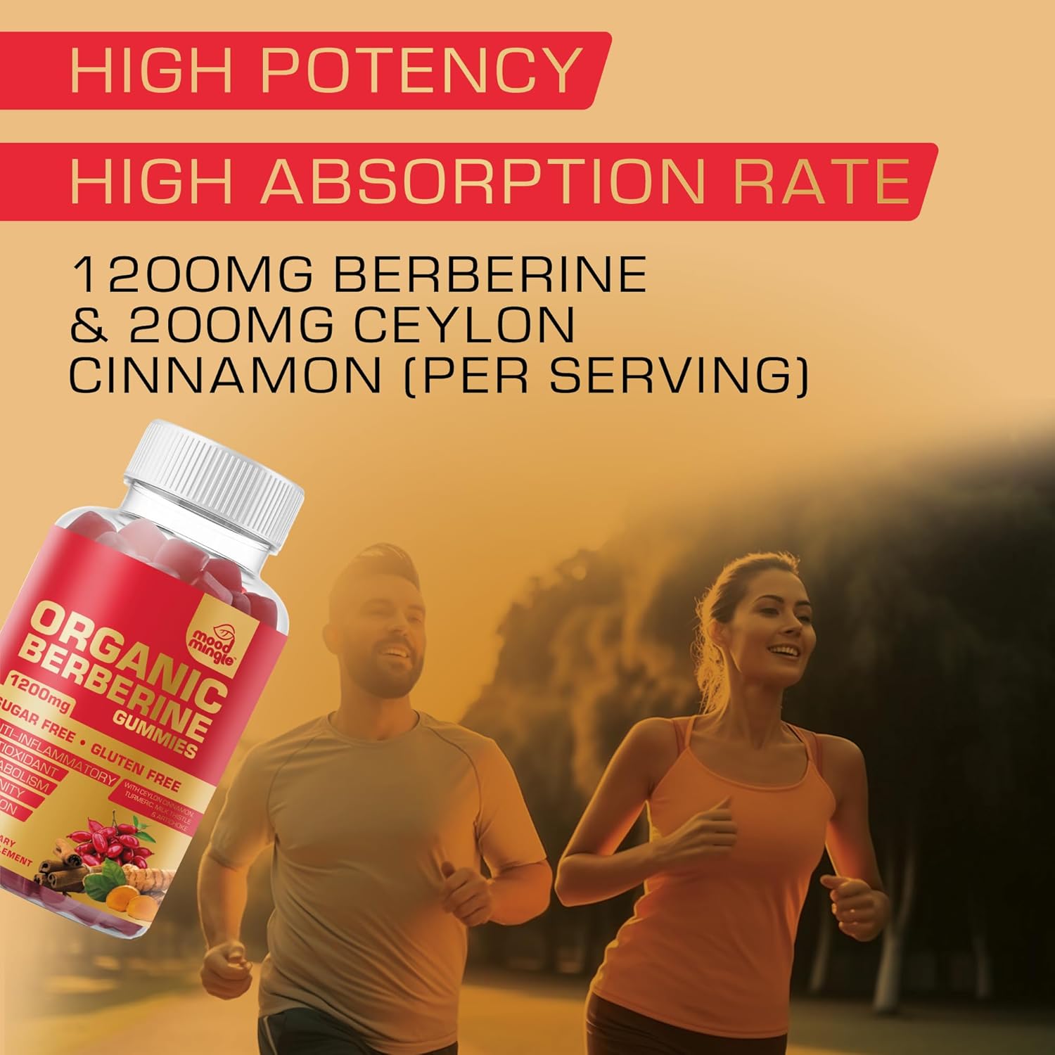 1200mg Mood Mingle Berberine Gummies with Ceylon Cinnamon, Turmeric, Milk Thistle & Artichoke - Sugar & Gluten Free - GMP Quality
