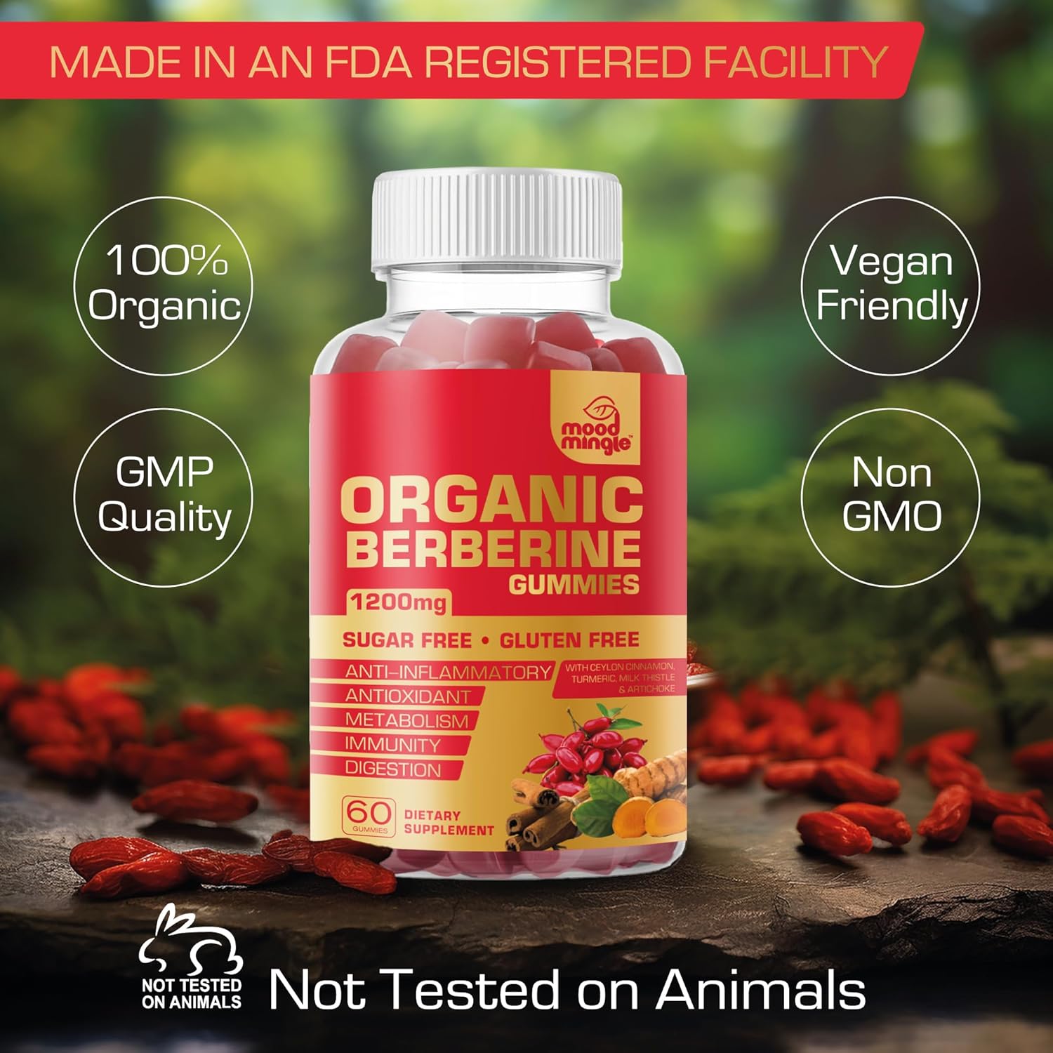 1200mg Mood Mingle Berberine Gummies with Ceylon Cinnamon, Turmeric, Milk Thistle & Artichoke - Sugar & Gluten Free - GMP Quality