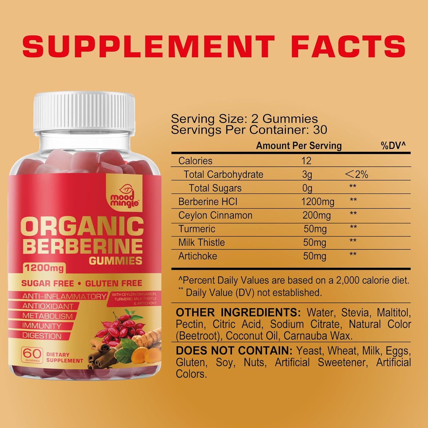 1200mg Mood Mingle Berberine Gummies with Ceylon Cinnamon, Turmeric, Milk Thistle & Artichoke - Sugar & Gluten Free - GMP Quality