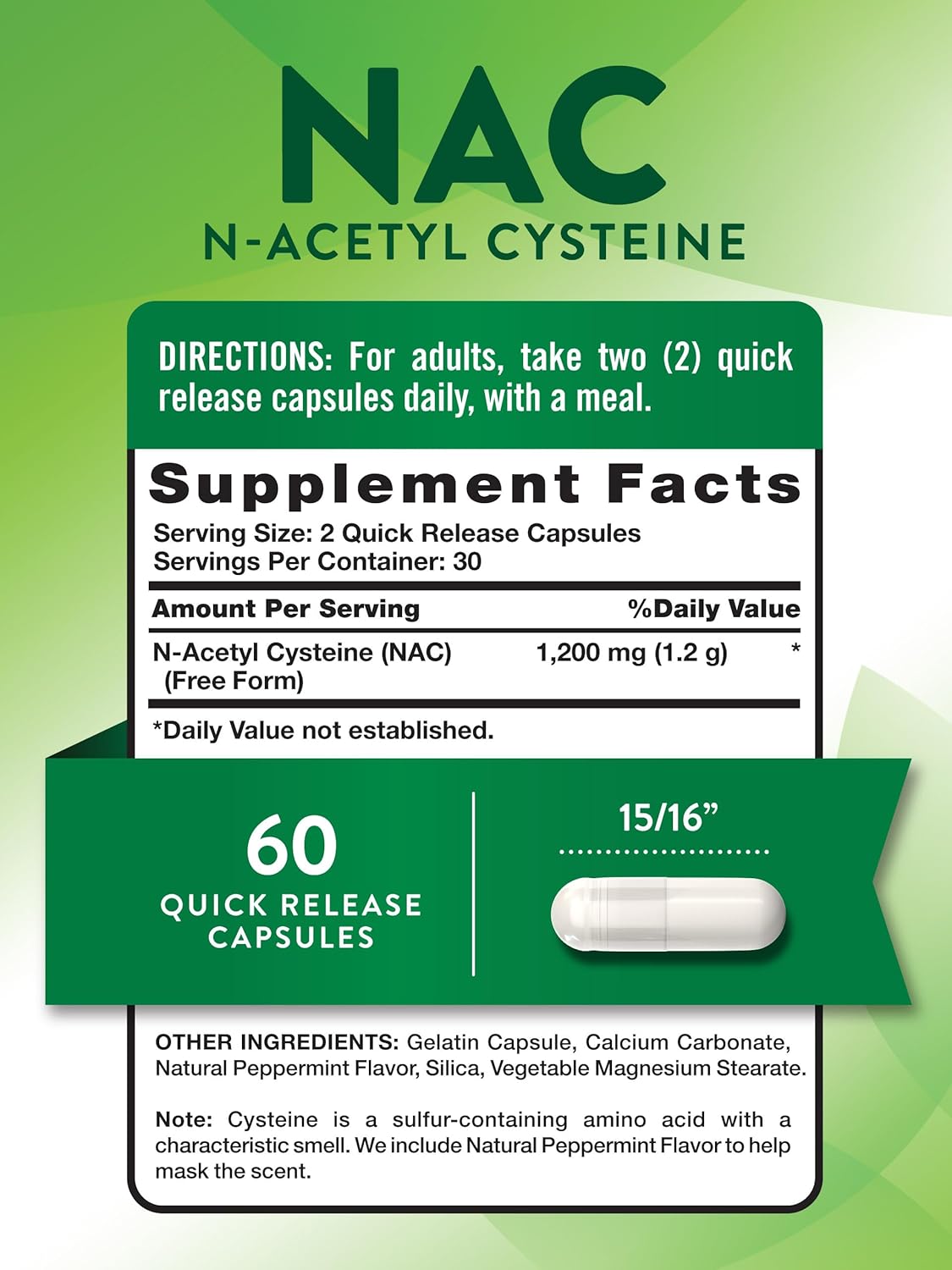 1200mg NAC Supplement | 60 Capsules | Free Form Amino Acid | Non-GMO & Gluten Free | N Acetyl Cysteine