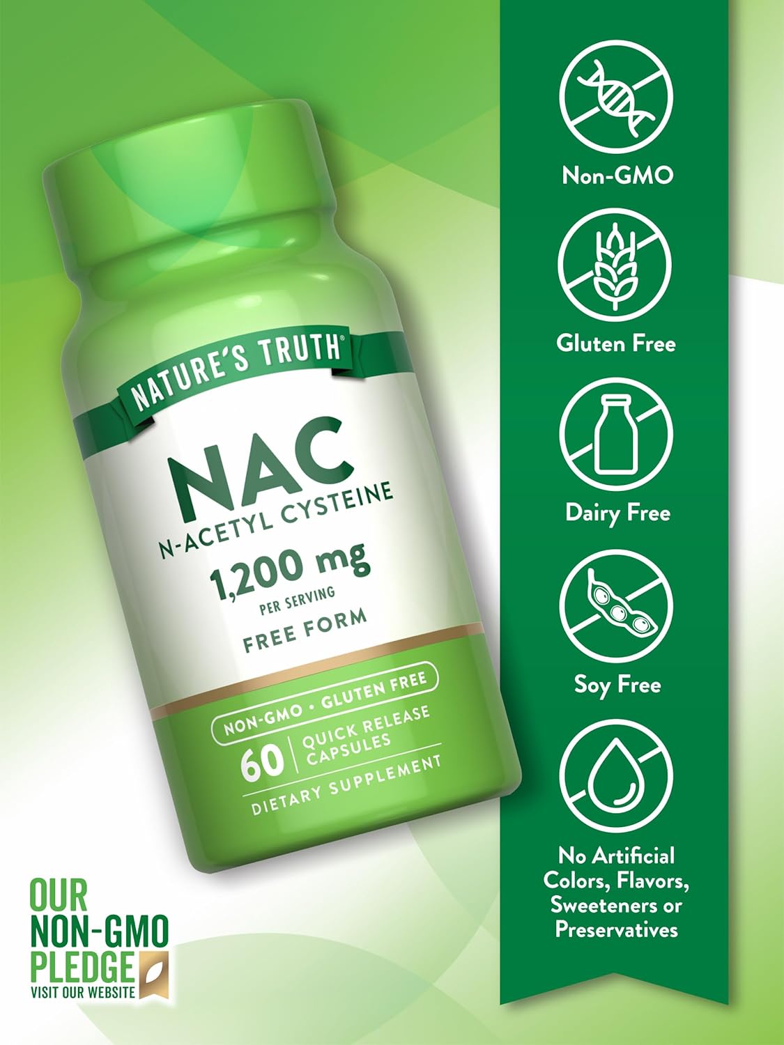 1200mg NAC Supplement | 60 Capsules | Free Form Amino Acid | Non-GMO & Gluten Free | N Acetyl Cysteine