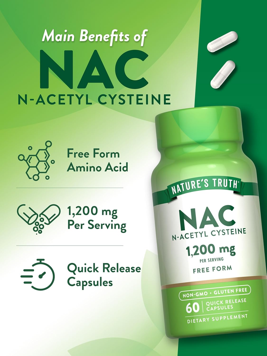 1200mg NAC Supplement | 60 Capsules | Free Form Amino Acid | Non-GMO & Gluten Free | N Acetyl Cysteine