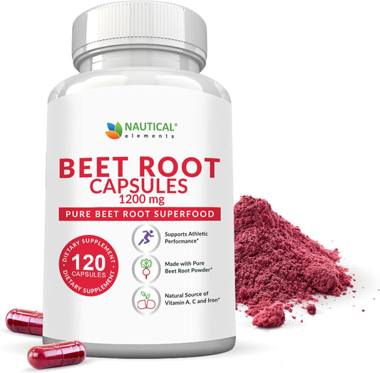 1200mg Nautical Elements Beet Root Capsules - Supports Blood Pressure, Athletic Performance, Immune System - 120 Capsules - Pure, Non-GMO, Gluten Free.