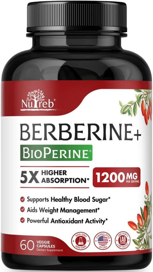 1200mg Nutreb Berberine Supplement for Healthy Weight Management and Immune Support - 98% Berberine HCL - Non GMO - Made in USA - 60 Vegan Capsules