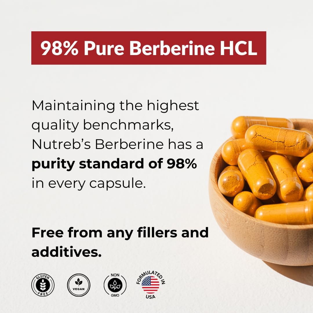 1200mg Nutreb Berberine Supplement for Healthy Weight Management and Immune Support - 98% Berberine HCL - Non GMO - Made in USA - 60 Vegan Capsules