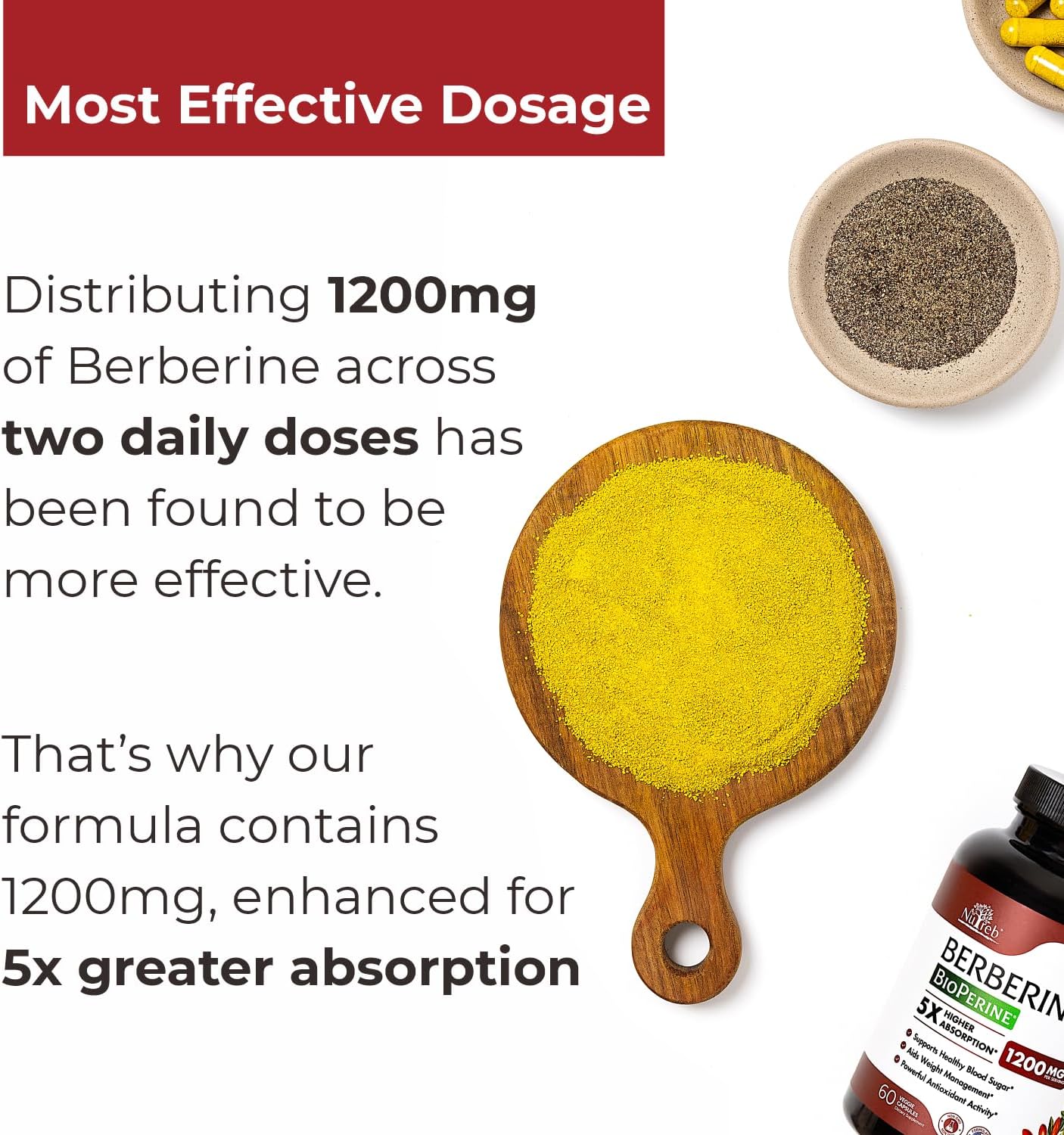 1200mg Nutreb Berberine Supplement for Healthy Weight Management and Immune Support - 98% Berberine HCL - Non GMO - Made in USA - 60 Vegan Capsules