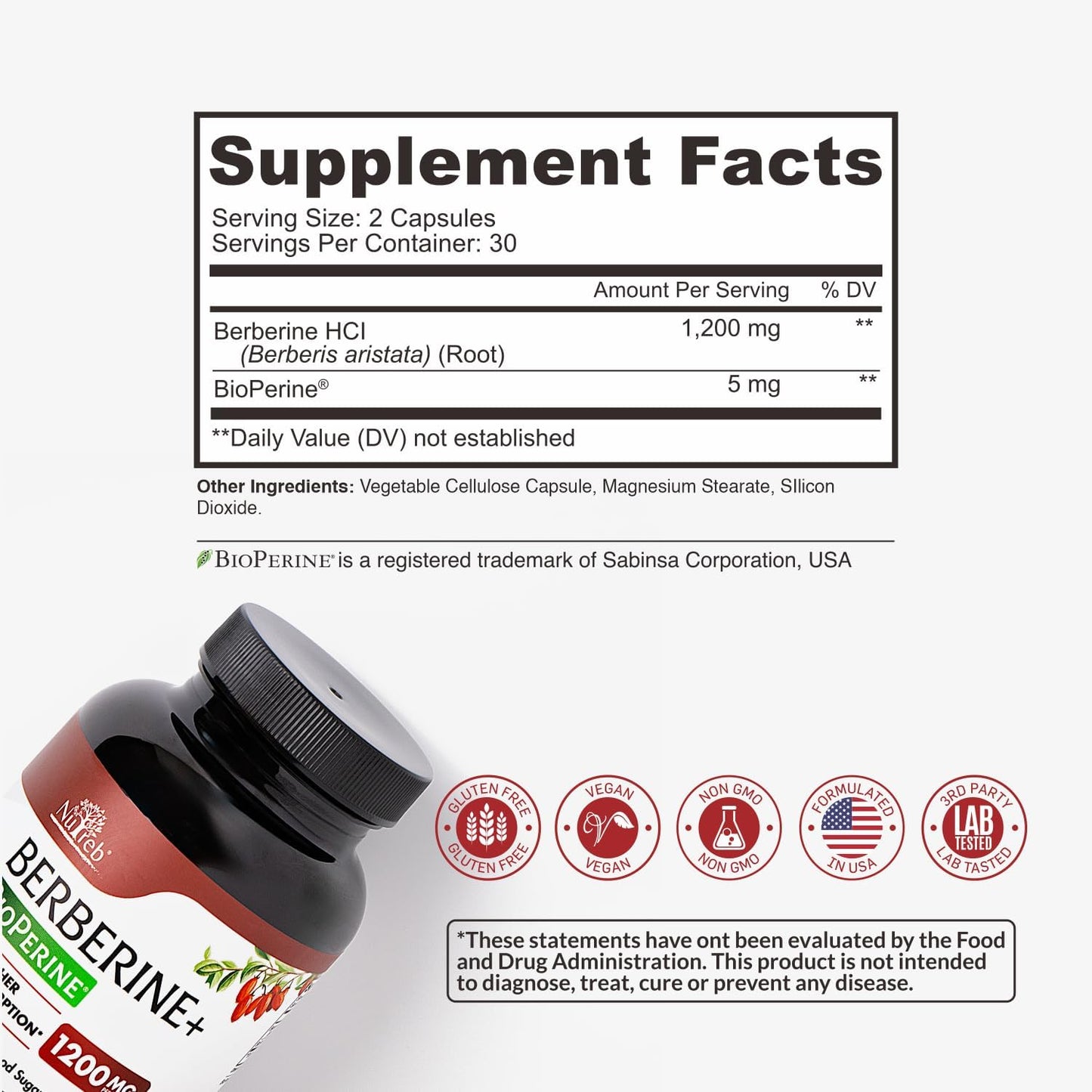 1200mg Nutreb Berberine Supplement for Healthy Weight Management and Immune Support - 98% Berberine HCL - Non GMO - Made in USA - 60 Vegan Capsules