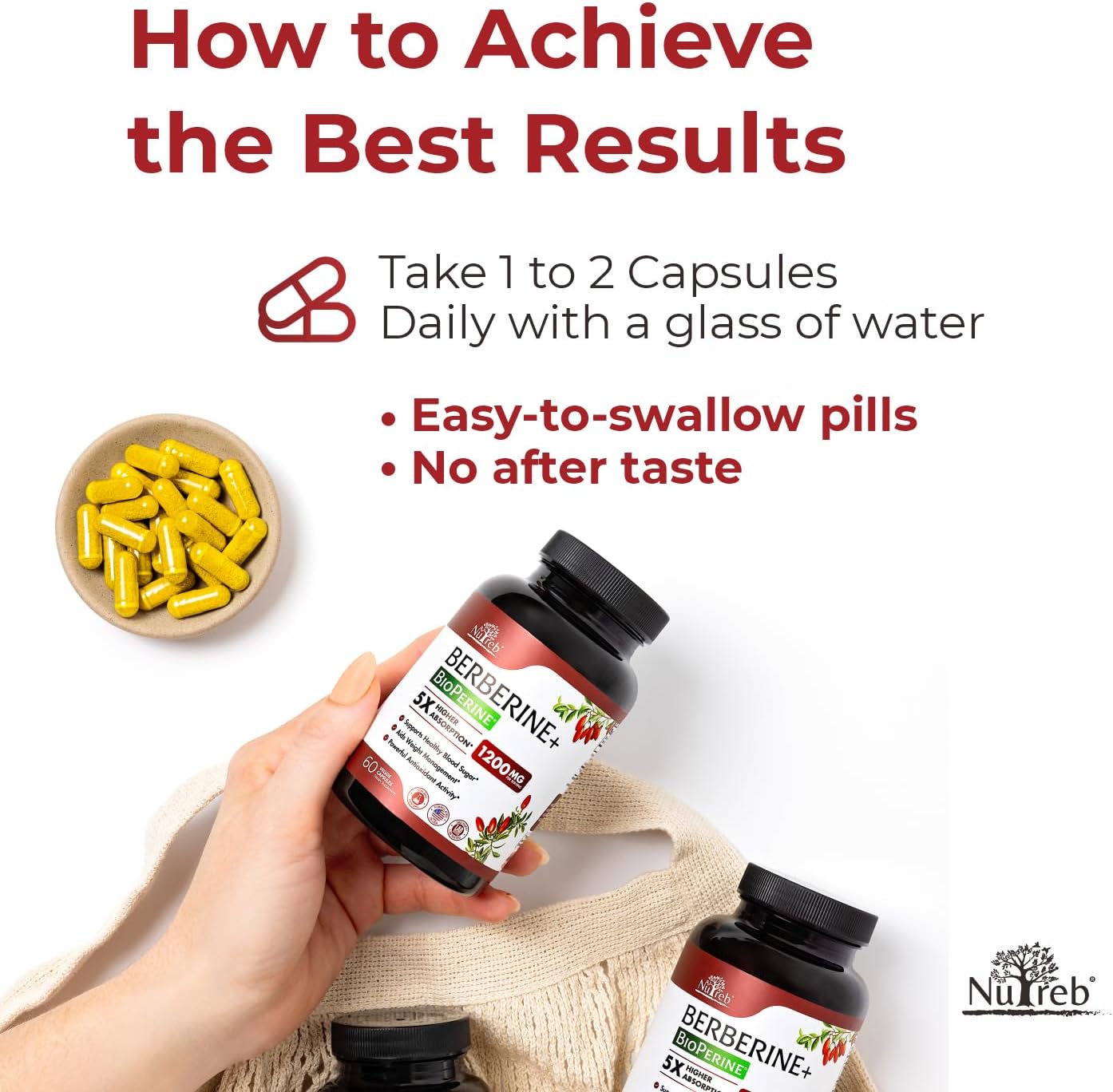 1200mg Nutreb Berberine Supplement for Healthy Weight Management and Immune Support - 98% Berberine HCL - Non GMO - Made in USA - 60 Vegan Capsules