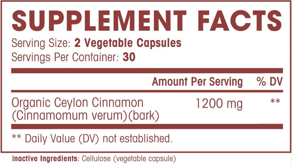 1200mg Organic Ceylon Cinnamon Capsules - Antioxidant for Joint Health - Non-GMO - 60 Capsules