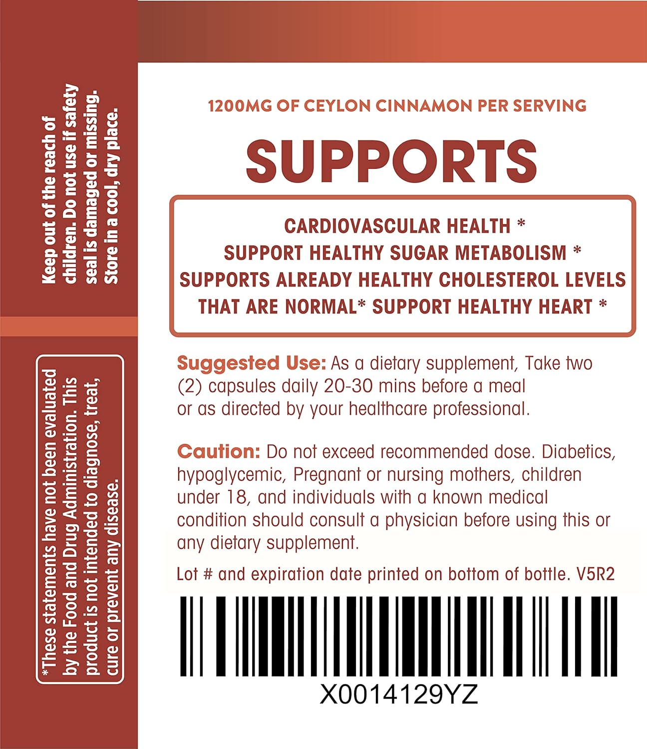 1200mg Organic Ceylon Cinnamon Capsules - Antioxidant for Joint Health - Non-GMO - 60 Capsules