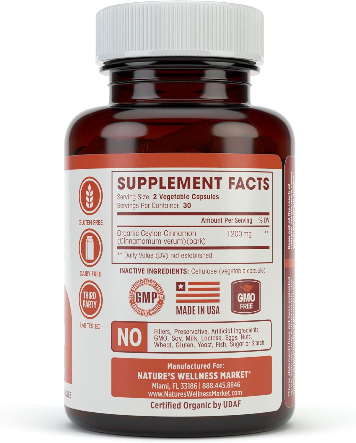 1200mg Organic Ceylon Cinnamon Capsules - Antioxidant for Joint Health - Non-GMO - 60 Capsules