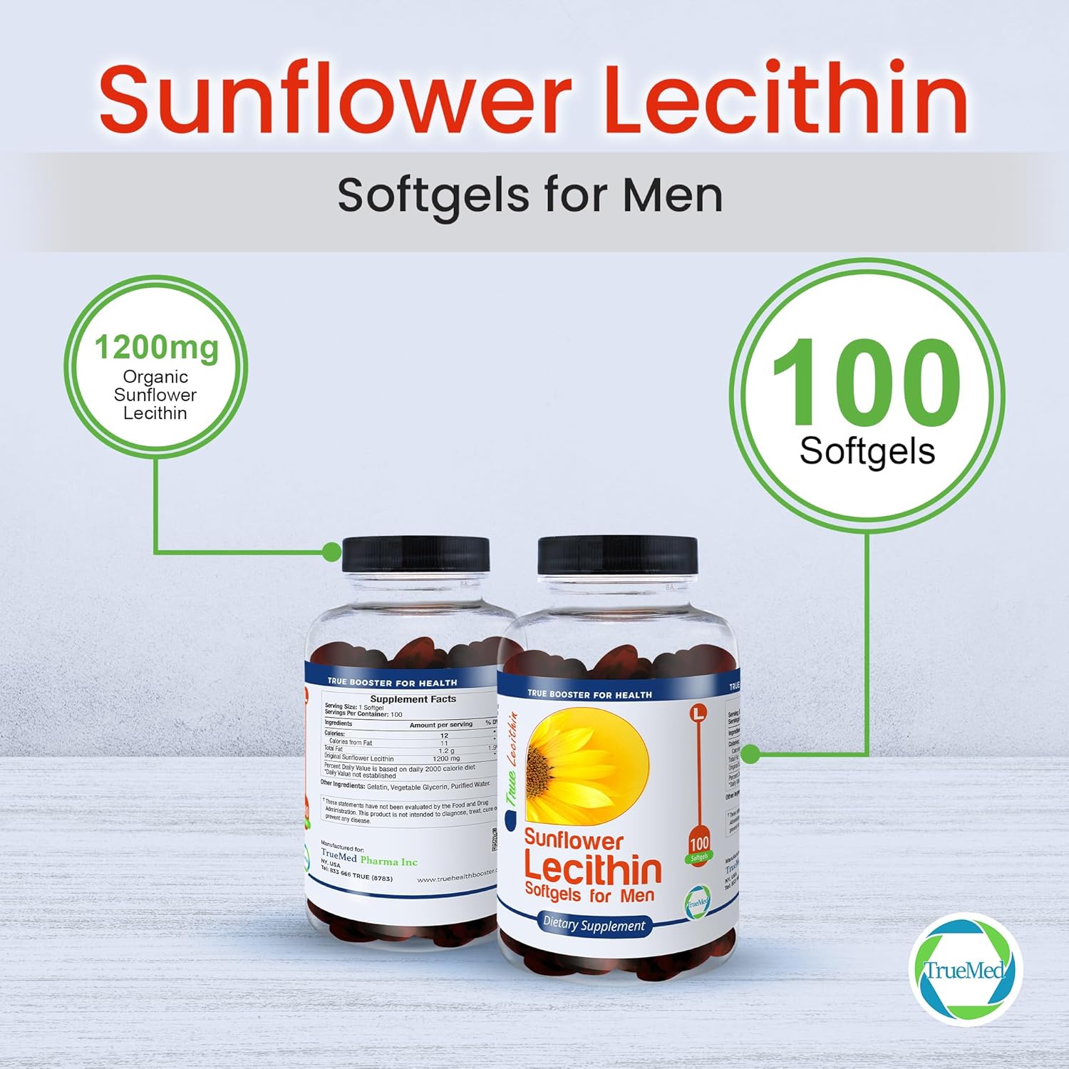 1200mg Sunflower Lecithin Softgels for Brain, Heart, Nerve, and Liver Support - Cognitive Function, Cholesterol, Cardiovascular Health - Non-GMO, High Absorption - 100 Count